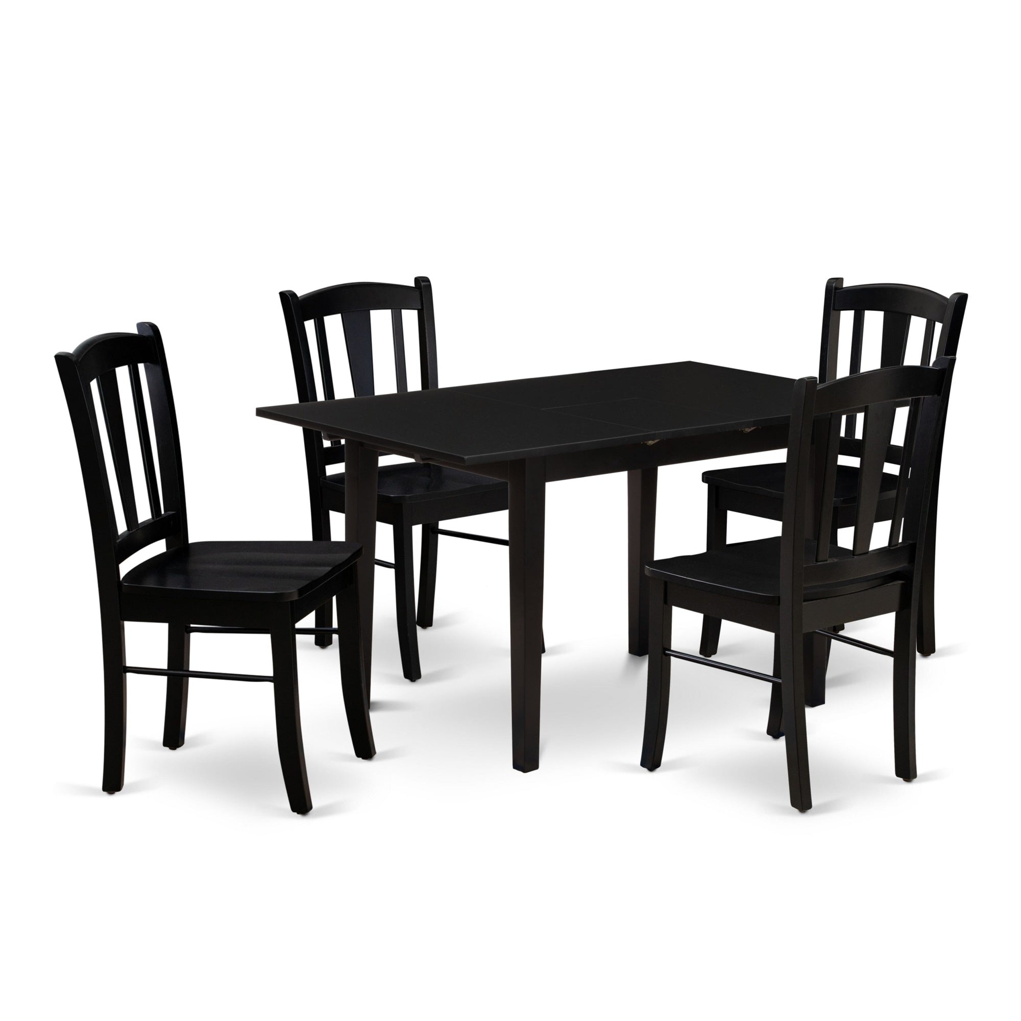 East West Furniture - Nfdl5-Blk-W - 5-Piece Kitchen Table Set- 4 Wood Chair With Wooden Seat And Slatted Chair Back - Butterfly Leaf Rectangular Dining Table (Black Finish)