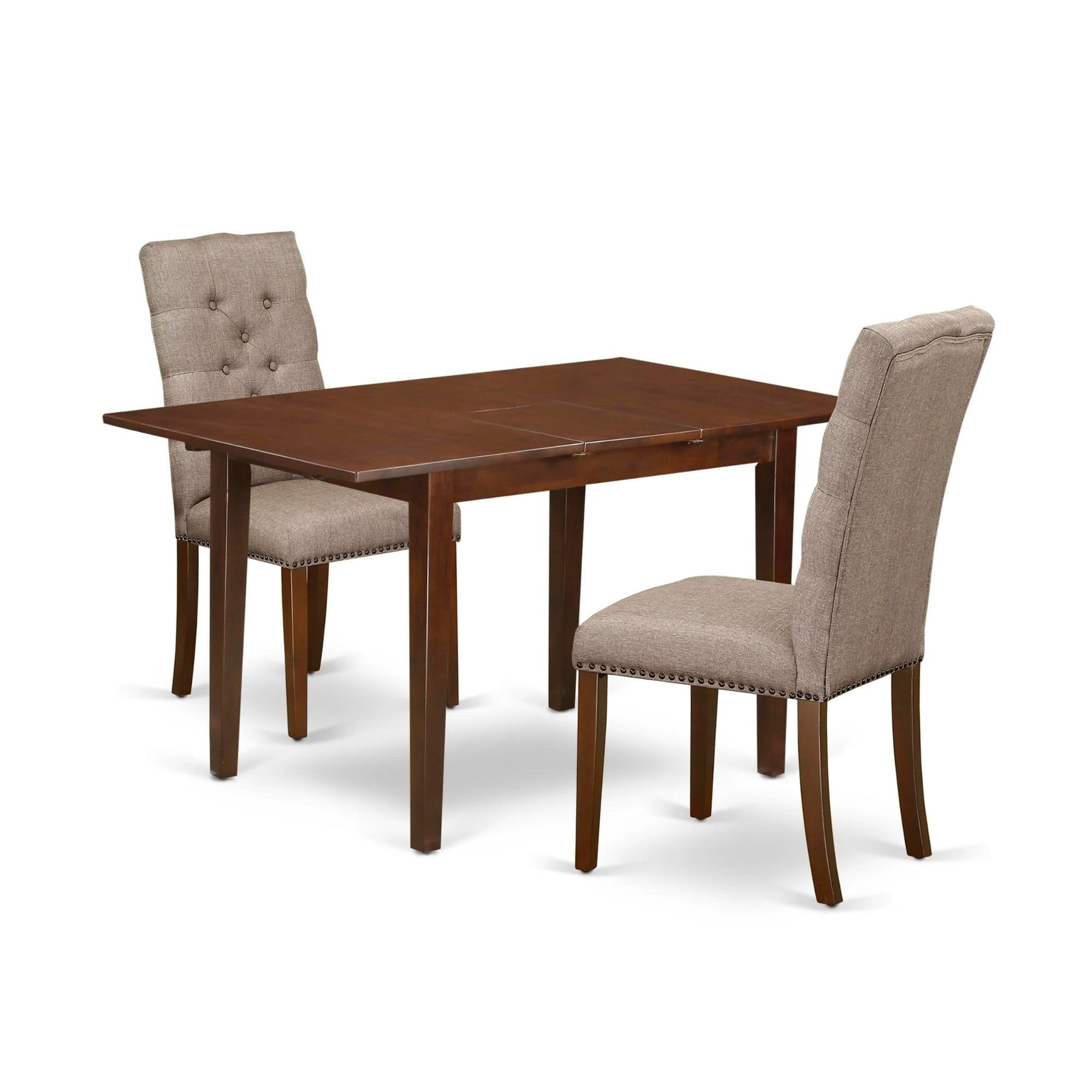 Casafoyer Nfel3-Mah-16 3 Piece Small Dinette Set Contains A Rectangle  Leaf Dining Table And 2 Dark Khaki Linen Fabric Upholstered Chairs, 32X54 Inch, Mahogany