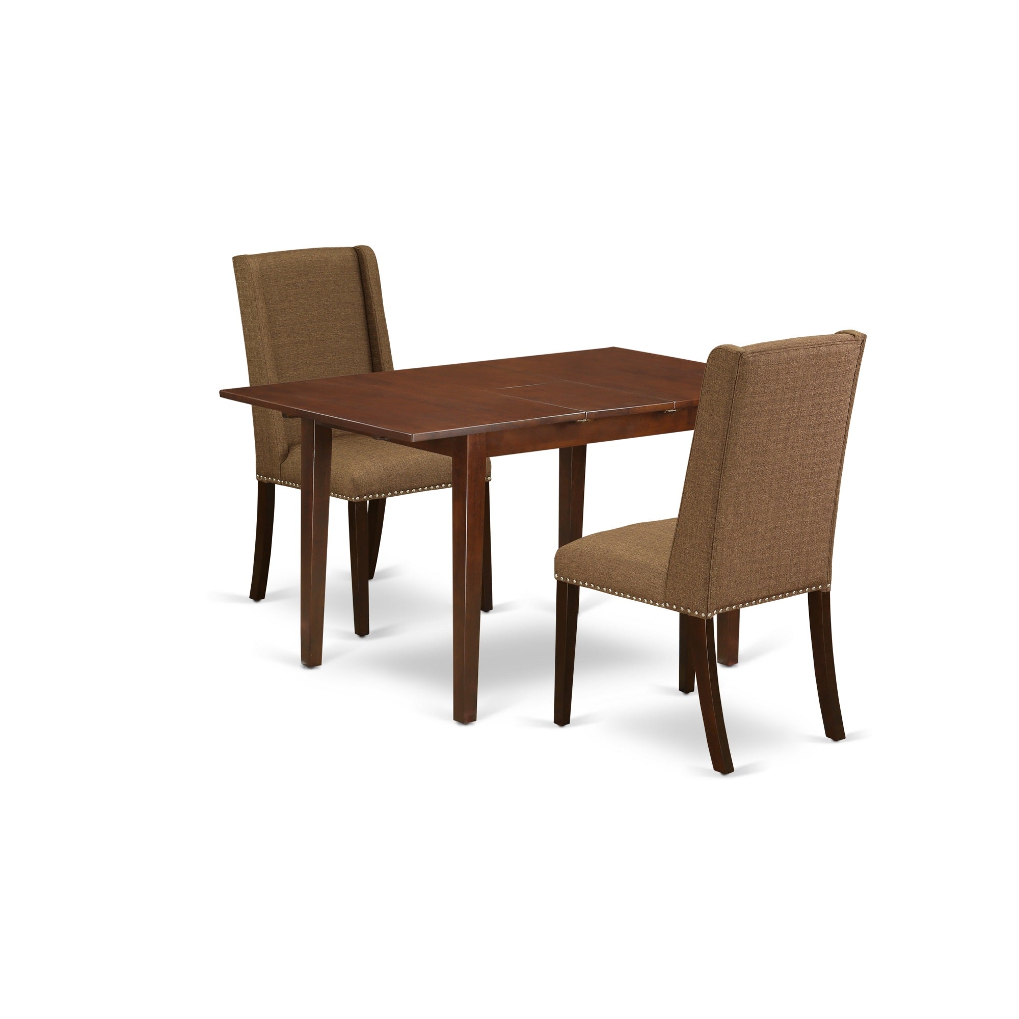 East West Furniture Nffl3-Mah-18 3-Piece Dinette Set Included A Butterfly Leaf Rectangular Wood Dining Table & 2 Dining Room Chairs, Brown Beige Linen Fabric Parsons Chairs Seat & Rubber Wood Legs, Mahogany Finish
