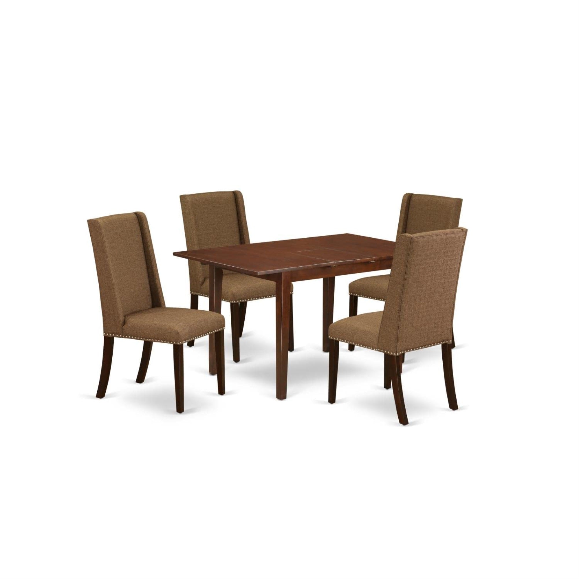 Casafoyer Nffl5-Mah-18 5 Piece Kitchen Table Set For 4 Includes A Rectangle Dining Table With  Leaf And 4 Brown Linen Linen Fabric Parson Chairs, 32X54 Inch, Mahogany