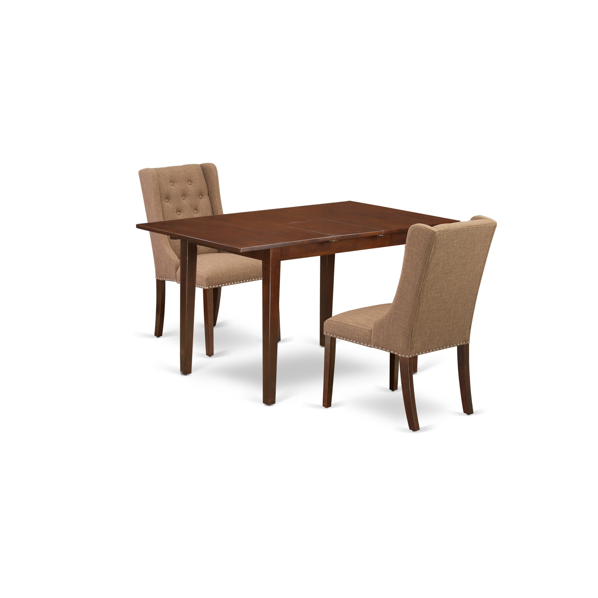 East West Furniture Nffo3-Mah-47 3-Piece Dinette Set Includes 1 Modern Butterfly Leaf Kitchen Table And 2 Light Sable Linen Fabric Dining Chairs With Button Tufted Back - Mahogany Finish
