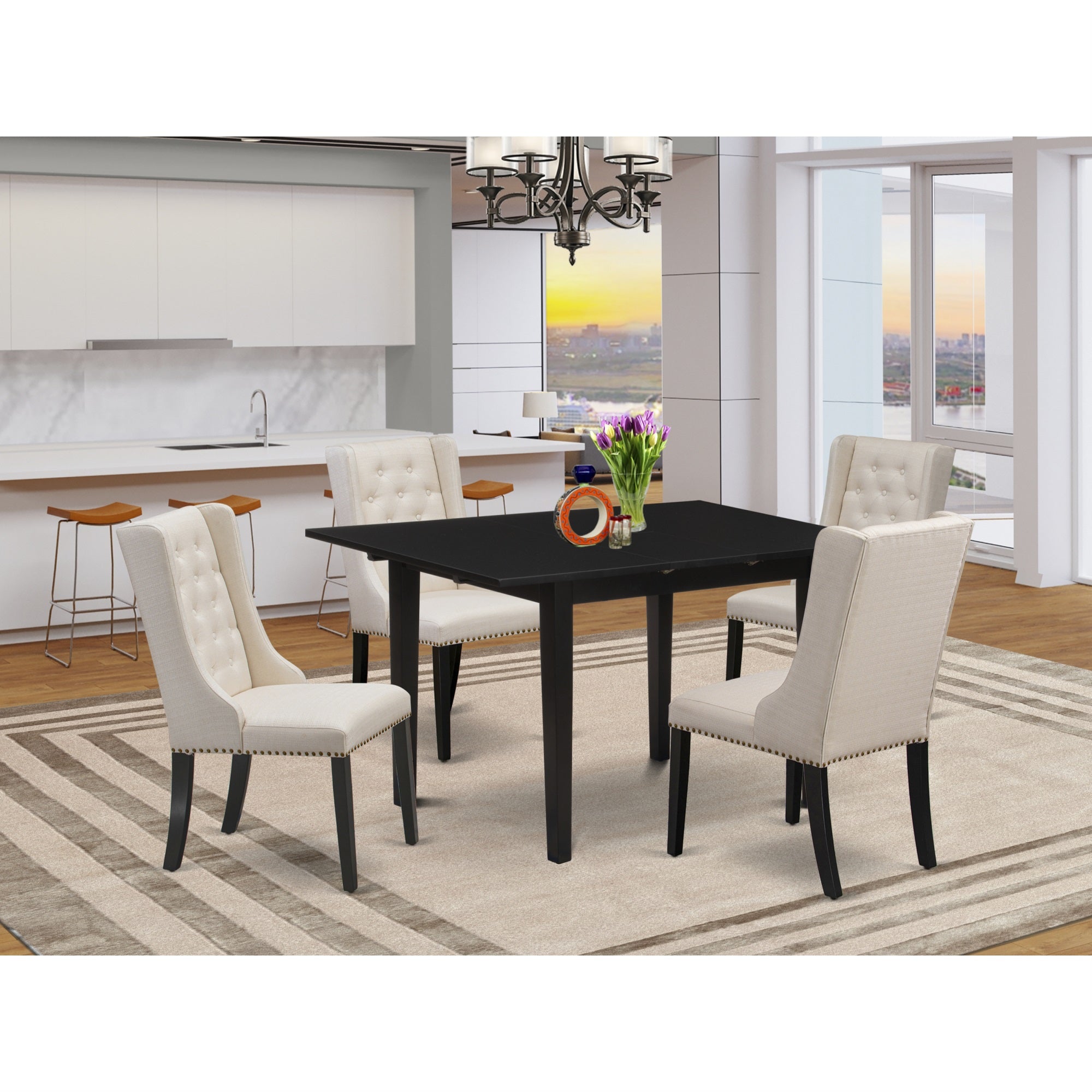 East West Furniture Nffo5-Blk-01 5-Pc Dinette Room Set Includes 1 Butterfly Leaf Dining Room Table And 4 Cream Linen Fabric Dining Chair With Button Tufted Back - Black Finish