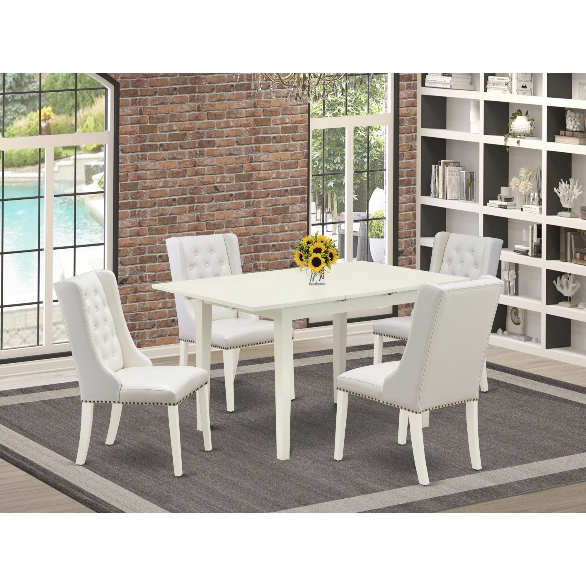 East West Furniture Nffo5-Lwh-44 5-Piece Dinette Set Includes 1 Butterfly Leaf Dining Table And 4 Light Grey Linen Fabric Parson Chairs With Button Tufted Back - Linen White Finish