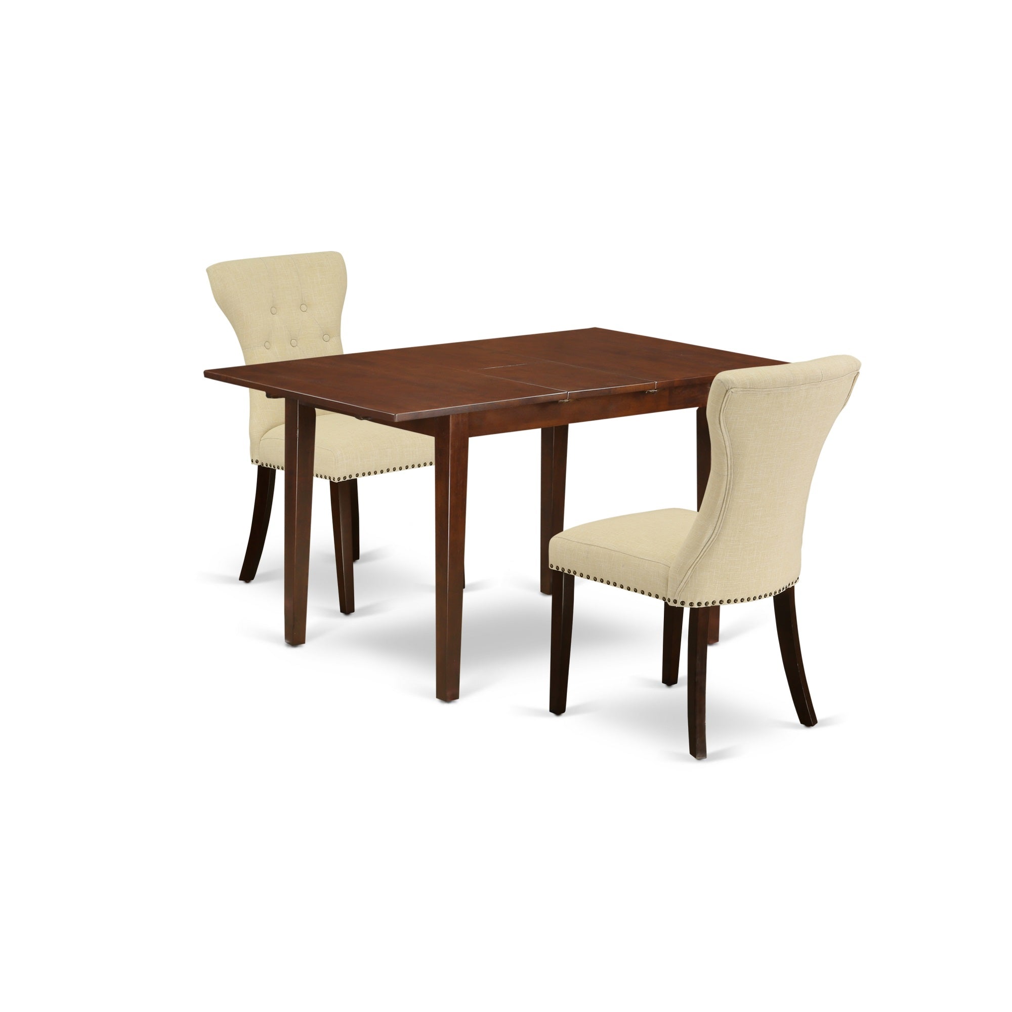 East West Furniture Nfga3-Mah-32 3-Pc Dinette Set Included A Rectangular Butterfly Leaf Dining Room Table & 2 Parsons Dining Chairs, Light Beige Linen Fabric Parson Chairs Seat With Rubber Wood Legs, Mahogany Finish