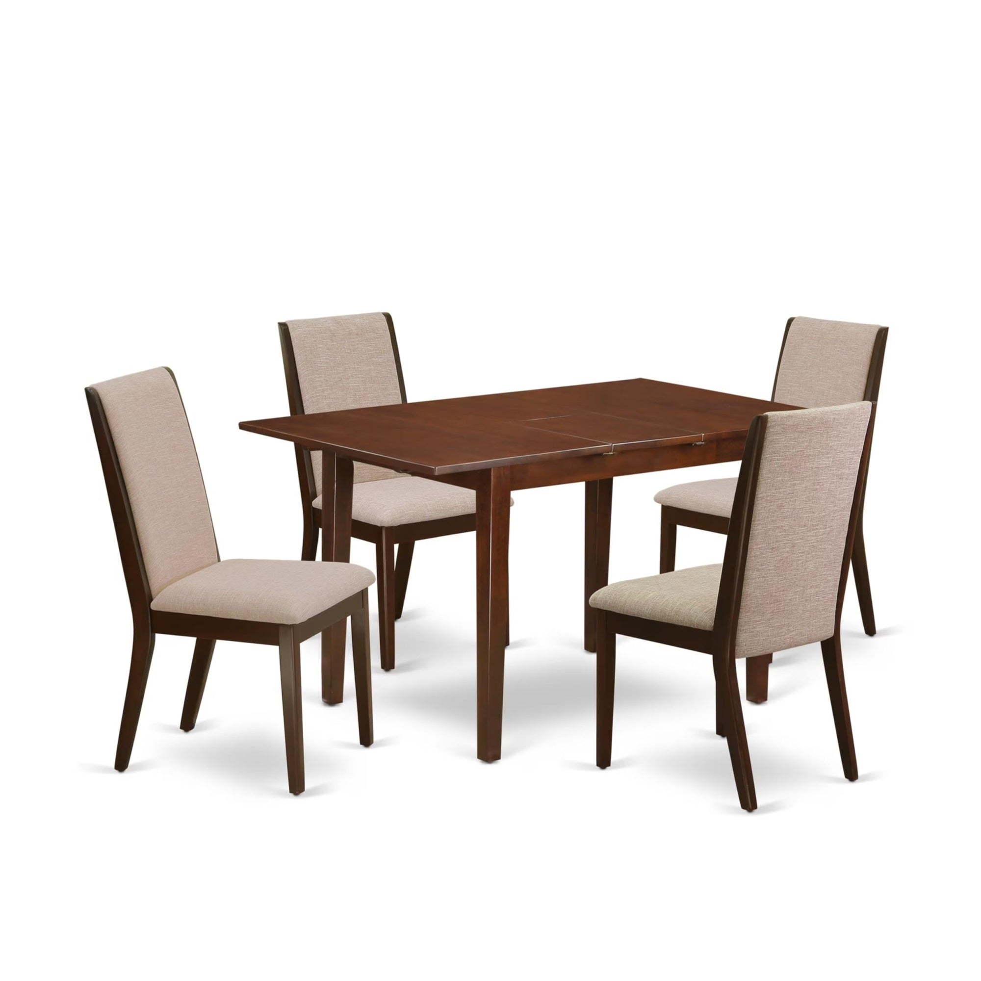 Casafoyer Nfla5-Mah-04 5 Piece Set Includes A Rectangle Dining Room Table With  Leaf And 4 Light Tan Linen Fabric Upholstered Chairs, 32X54 Inch, Mahogany