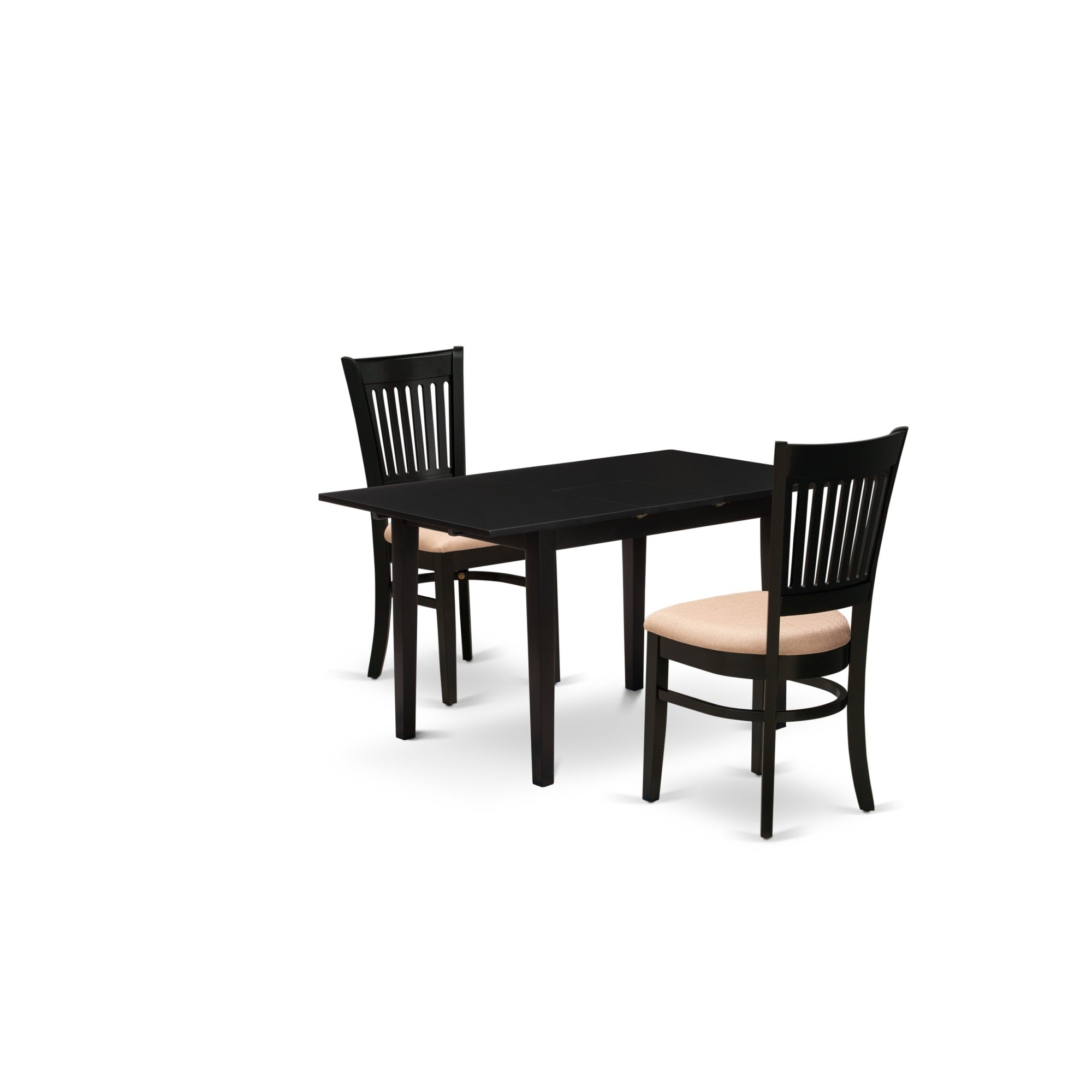 East West Furniture Nfva3-Blk-C 3-Pc Modern Dining Table Set 2 Kitchen Chairs With Slatted Back And A Linen Fabric Seat And Butterfly Leaf Dining Room Table With Rectangular Top And 4 Legs- Black Finish