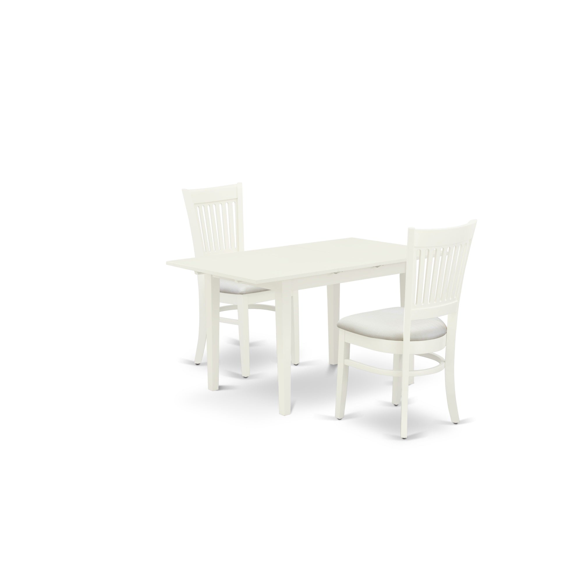 East West Furniture Nfva3-Lwh-C 3-Pc Dining Room Table Set 2 Wooden Dining Chairs With Slatted Back And A Linen Fabric Seat And Butterfly Leaf Rectangular Table With Rectangular Top And 4 Legs- Linen White Finish