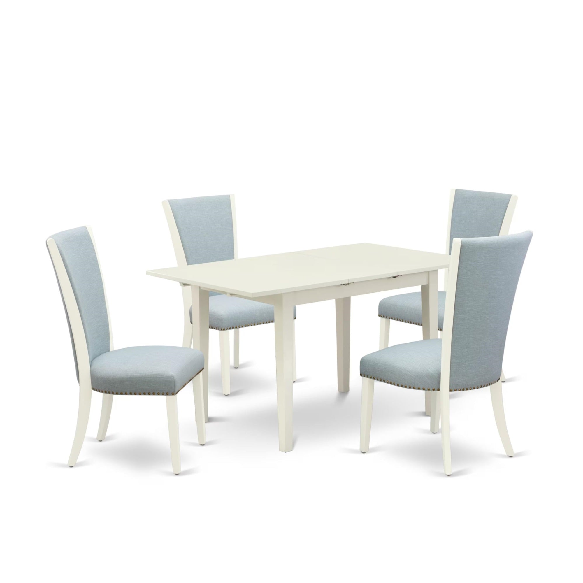 Casafoyer Nfve5-Lwh-15 5 Piece Modern Dining Set Includes A Rectangle Wooden Table With  Leaf And 4 Baby Blue Linen Fabric Parsons Chairs, 32X54 Inch