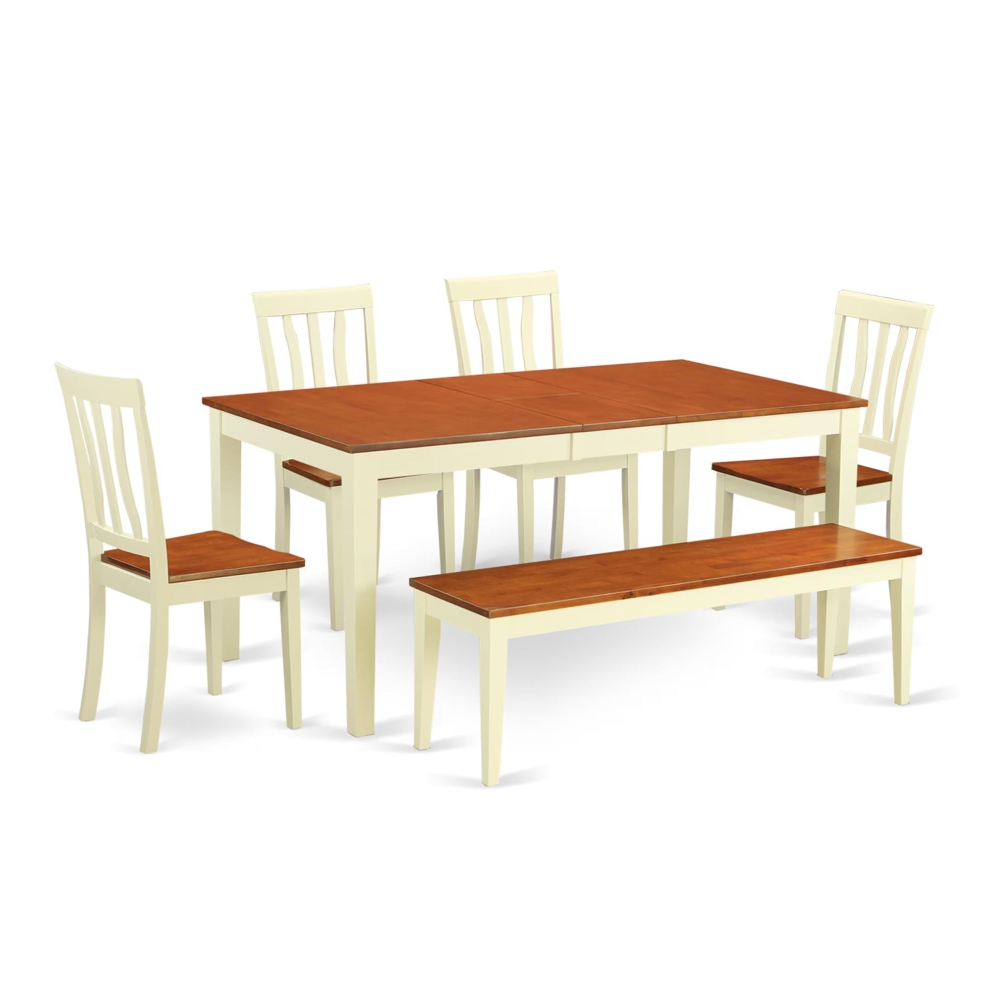 Casafoyer Nian6-Whi-W 6 Piece Kitchen Table & Chairs Set Contains A Rectangle Dining Table With  Leaf And 4 Dining Room Chairs With A Bench, 36X66 Inch, Buttermilk & Cherry