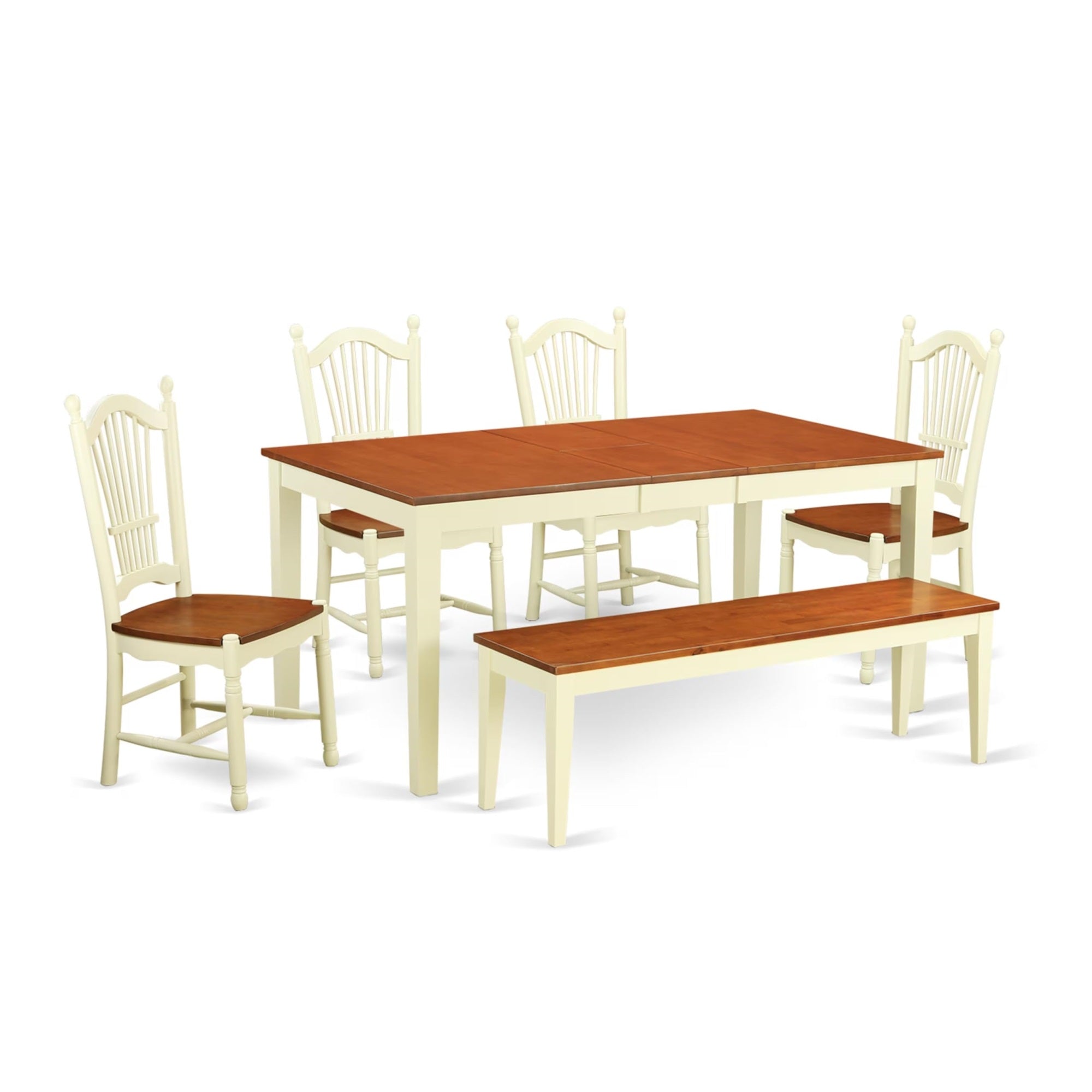Casafoyer Nido6-Whi-W 6 Piece Modern Set Contains A Rectangle Wooden Table With  Leaf And 4 Dining Chairs With A Bench, 36X66 Inch, Buttermilk & Cherry