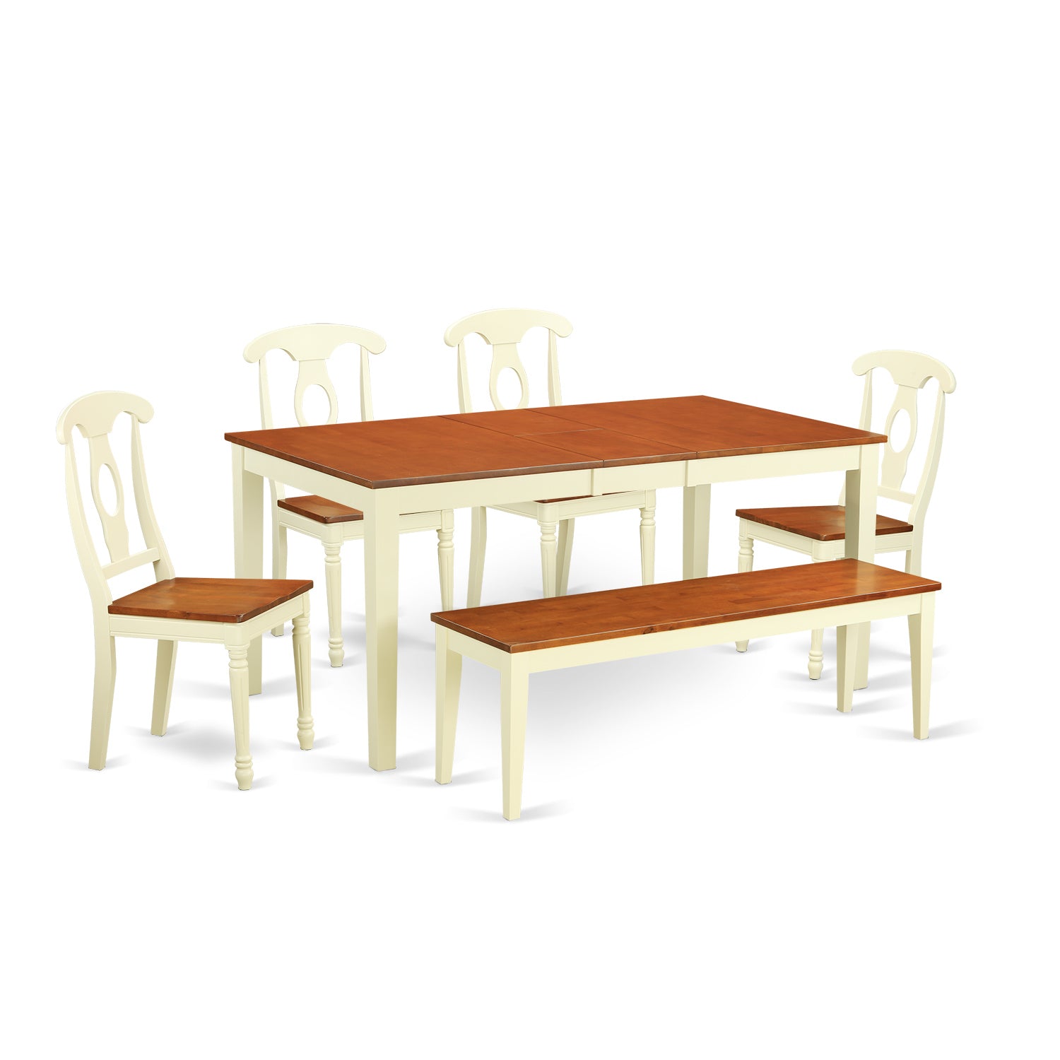 Nike6-Whi-W 6-Pc Dining Set - Rectangular Table, 4 Chairs, Bench - Buttermilk & Cherry Finish - Seats 8 - High-Quality Rubber Wood