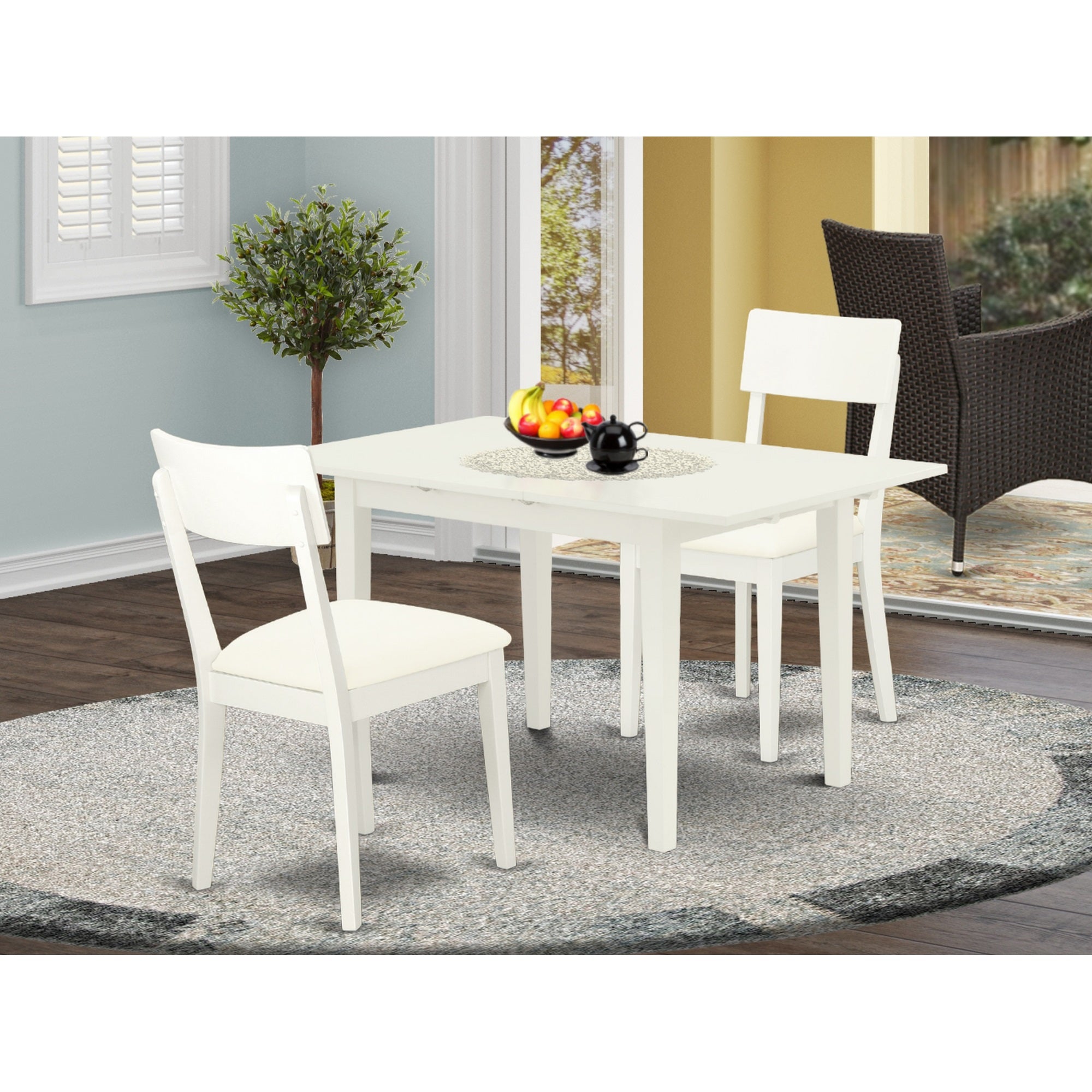 East West Furniture Noad3-Lwh-Lc 3-Pc Modern Dining Table Set 2 Modern Dining Chairs With Ladder Back And A Faux Leather Seat And Butterfly Leaf Dining Table With Rectangular Top And 4 Legs- Linen White Finish
