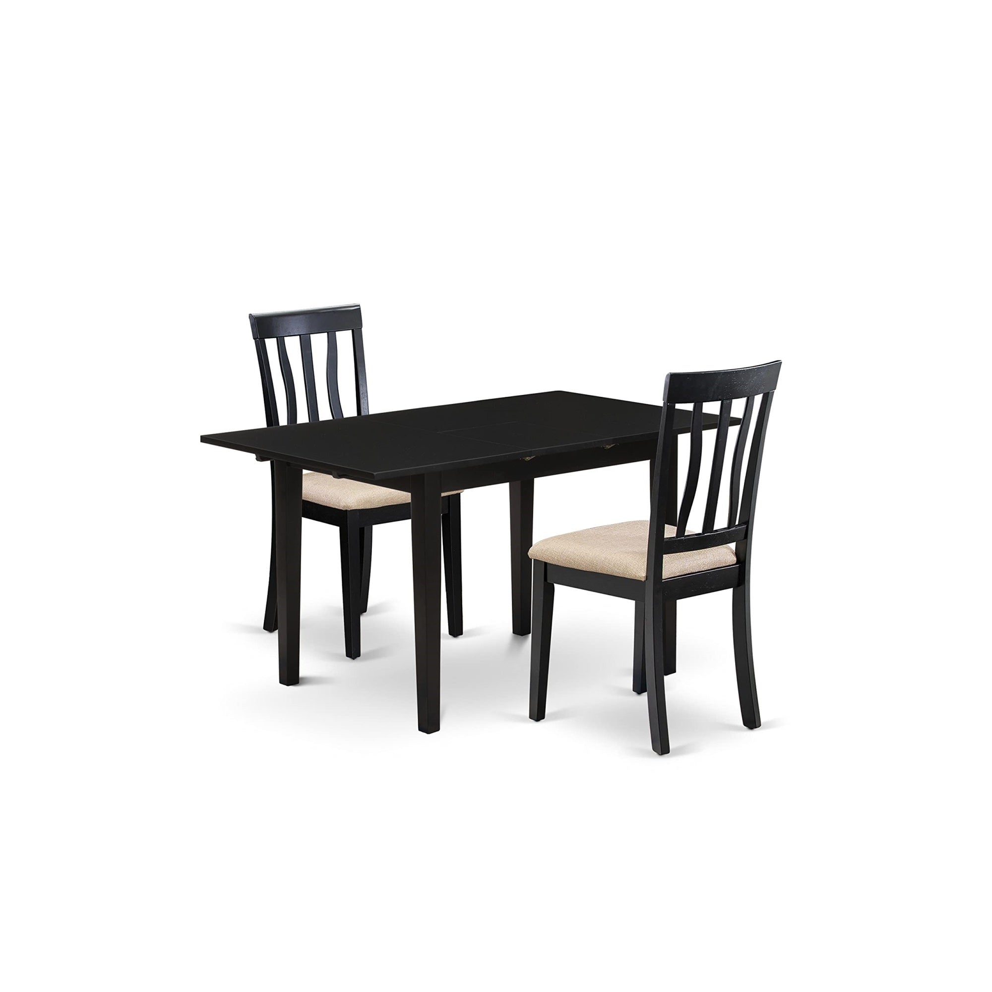 East West Furniture Noan3-Blk-C 3 Piece Set Contains A Rectangle Dining Room Table With Butterfly Leaf And 2 Linen Fabric Upholstered Chairs, 32X54 Inch