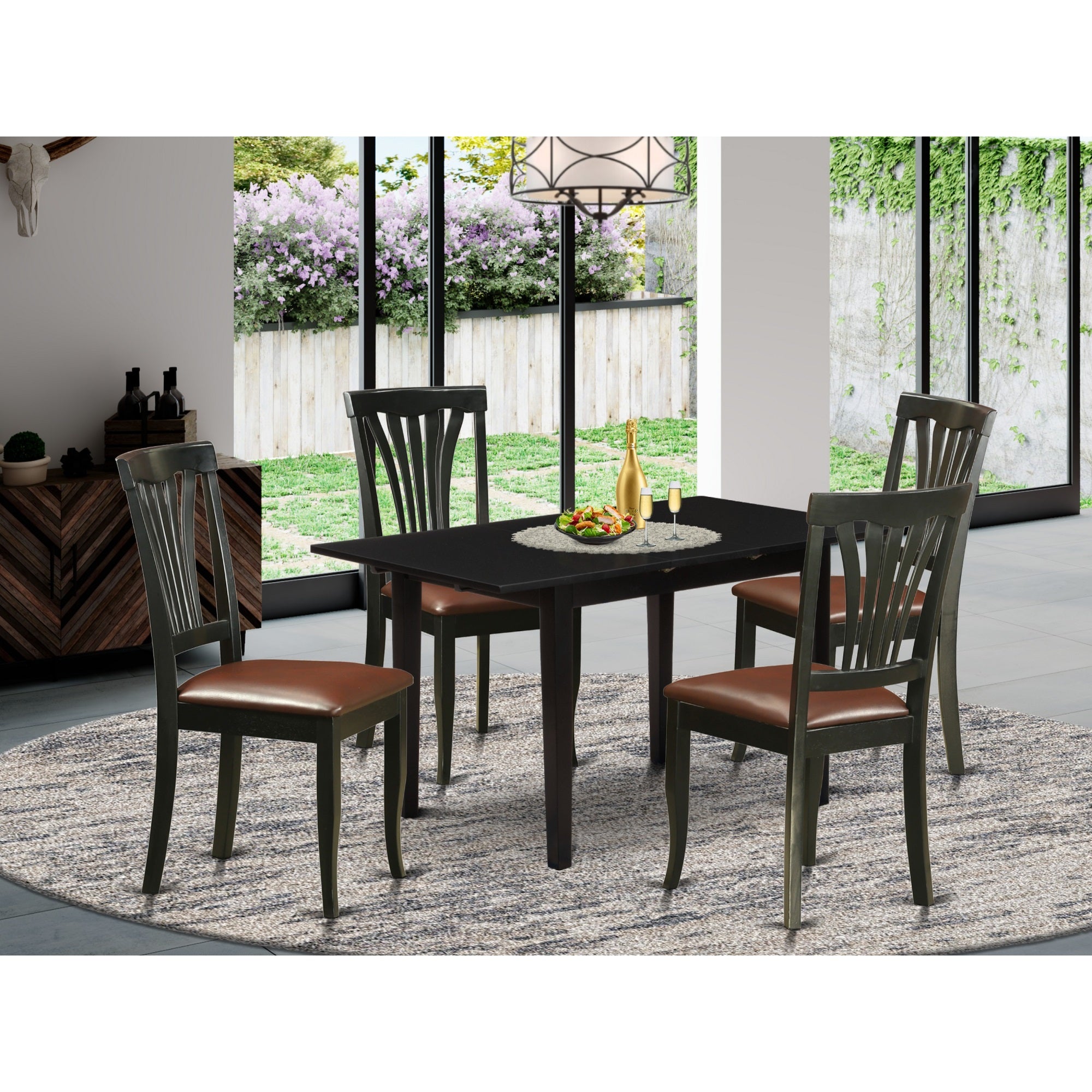 East West Furniture Noav5-Blk-Lc 5-Pc Dining Room Table Set 4 Wooden Dining Chairs With Slatted Back And A Faux Leather Seat And Mid Century Butterfly Leaf Dining Table With Rectangular Top And 4 Legs- Black Finish