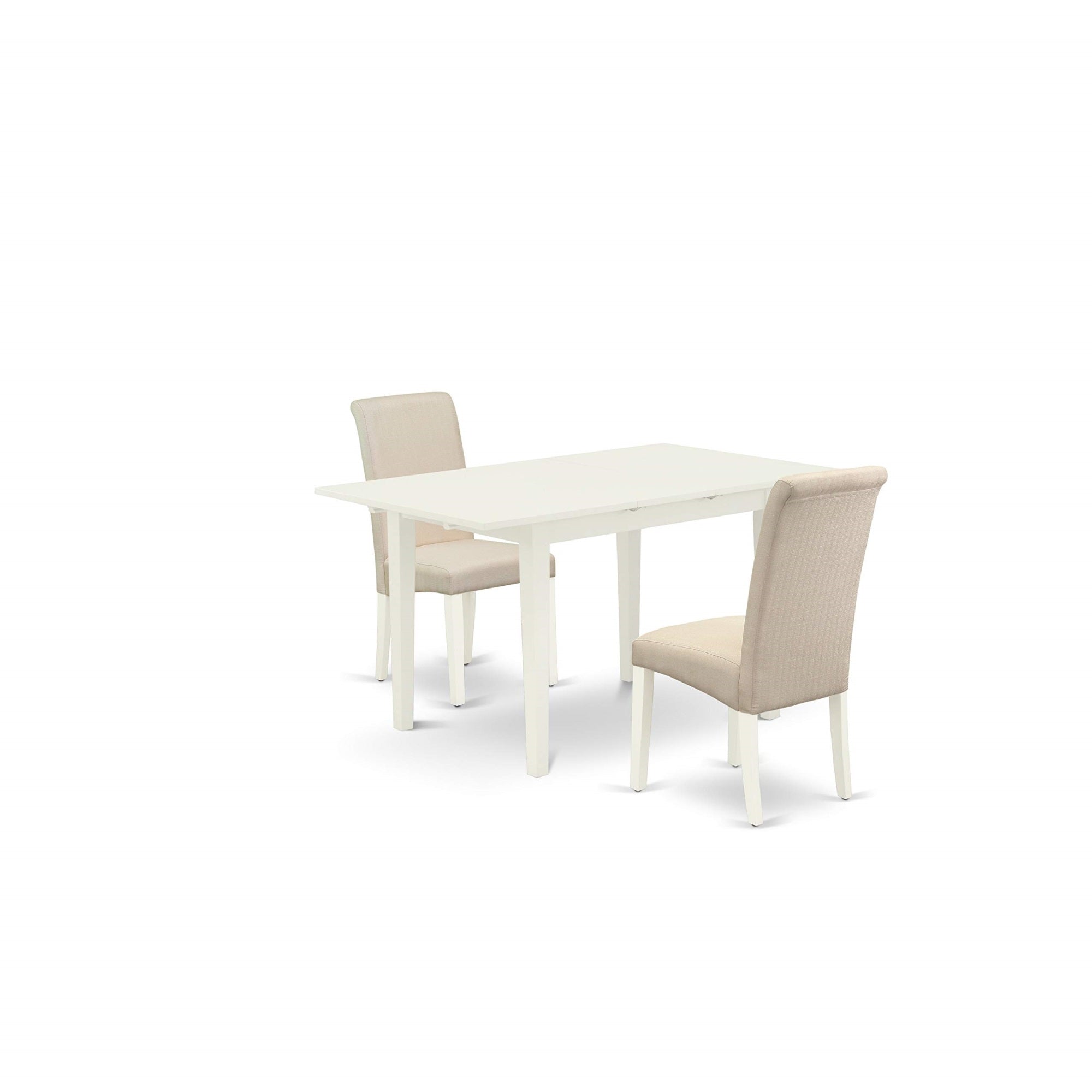 East West Furniture Noba3-Lwh-01 3 Piece Set Contains A Rectangle Dining Room Table With Butterfly Leaf And 2 Cream Linen Fabric Parsons Chairs, 32X54 Inch