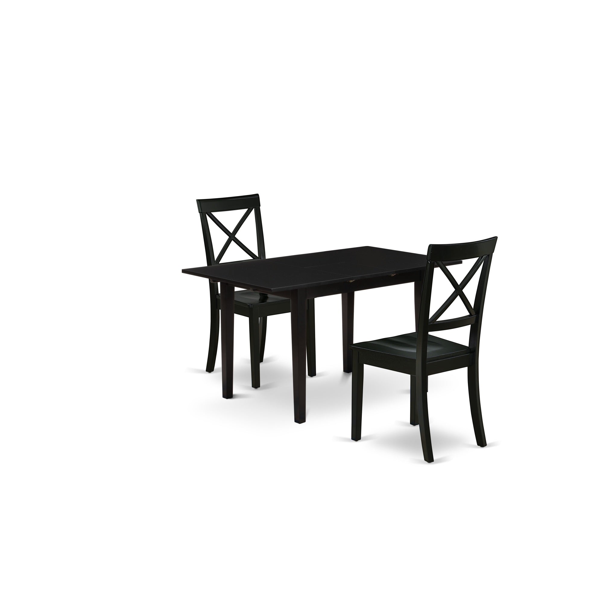 East West Furniture Nobo3-Blk-W 3-Pc Rectangular Dining Table Set2 Dining Room Chairs With X-Back And A Wooden Seat And Butterfly Leaf Wooden Dining Table With Rectangular Top And 4 Legs- Black Finish