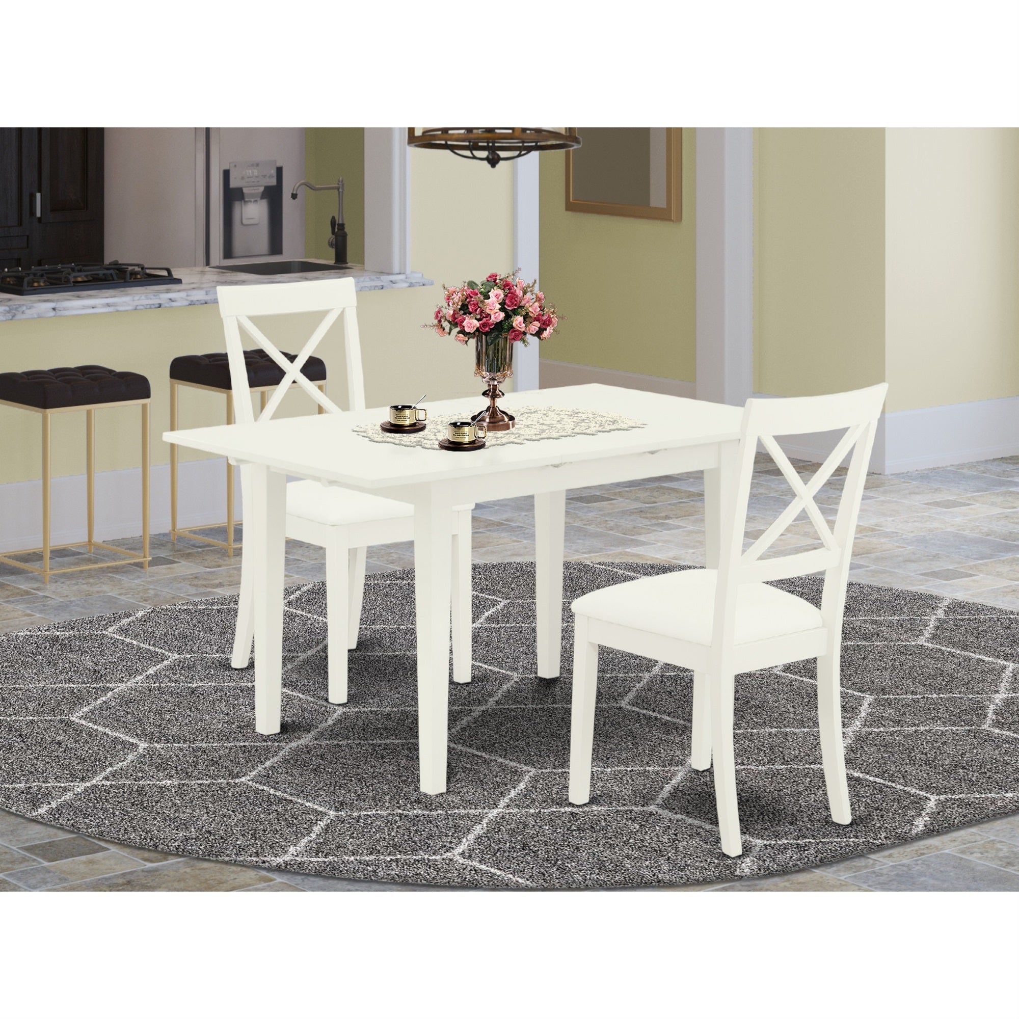 East West Furniture Nobo3-Whi-Lc 3-Piece Kitchen Set 2 Dining Room Chairs With X-Back And A Faux Leather Seat And Butterfly Leaf Dining Table With Rectangular Top And 4 Legs- Linen White Finish