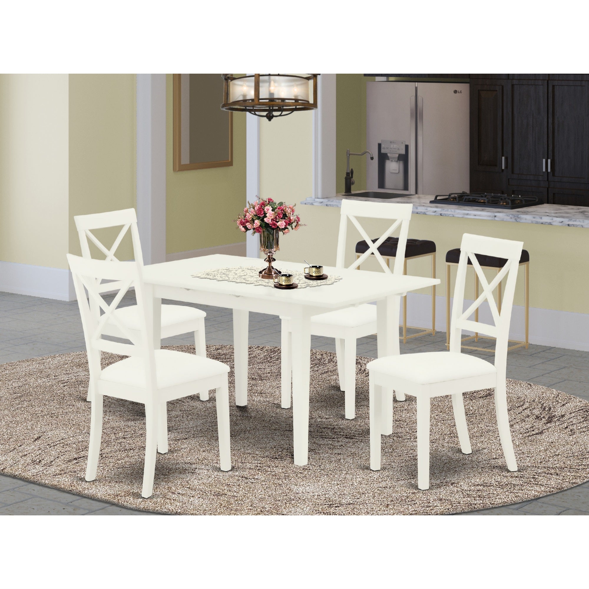 East West Furniture Nobo5-Whi-Lc 5-Pc Rectangular Dinette Set 4 Dining Chairs With X-Back And A Faux Leather Seat And Butterfly Leaf Dining Room Table With Rectangular Top And 4 Legs- Linen White Finish