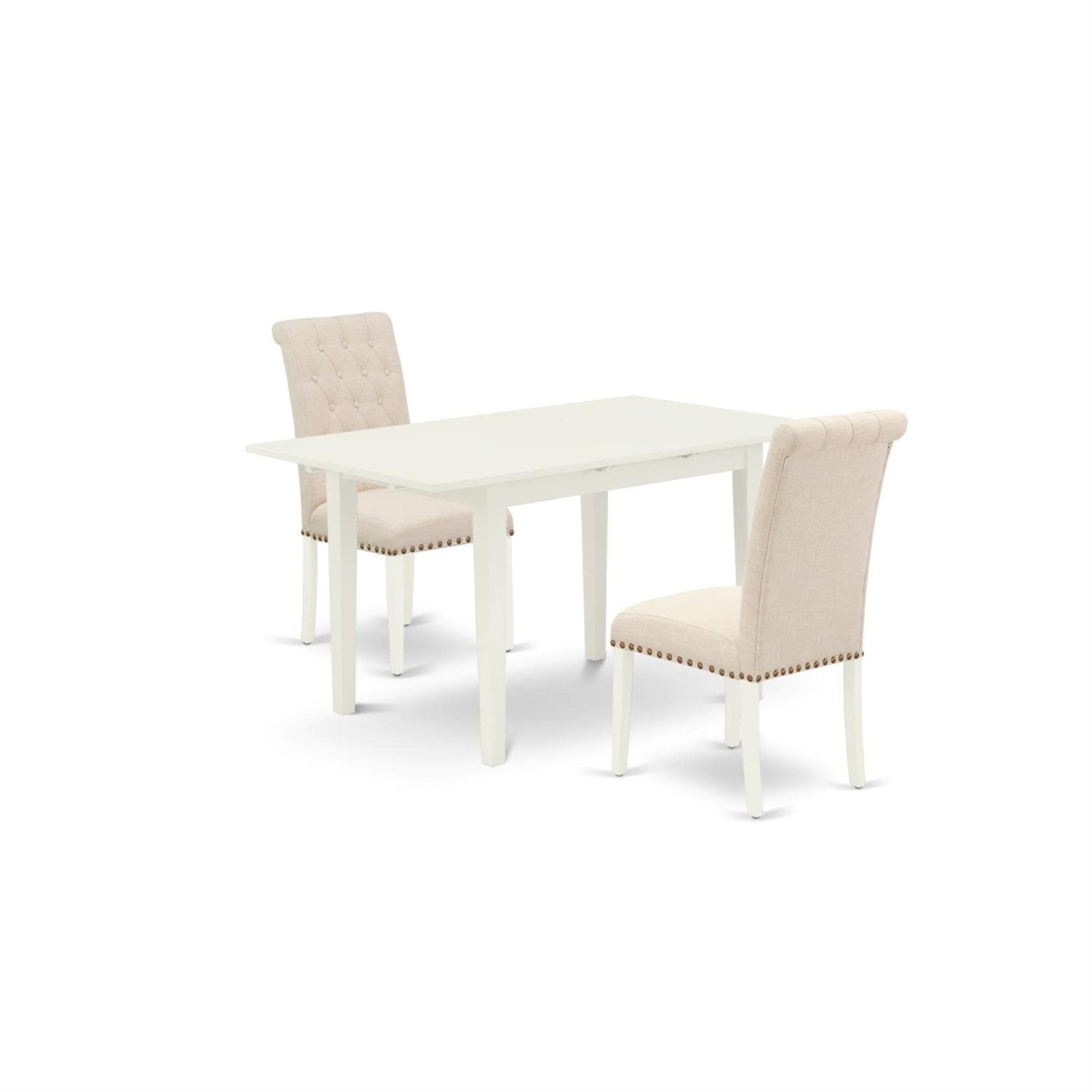 Casafoyer Nobr3-Lwh-02 3 Piece Kitchen Set Contains A Rectangle Dining Room Table With  Leaf And 2 Light Beige Linen Fabric Parsons Chairs, 32X54 Inch
