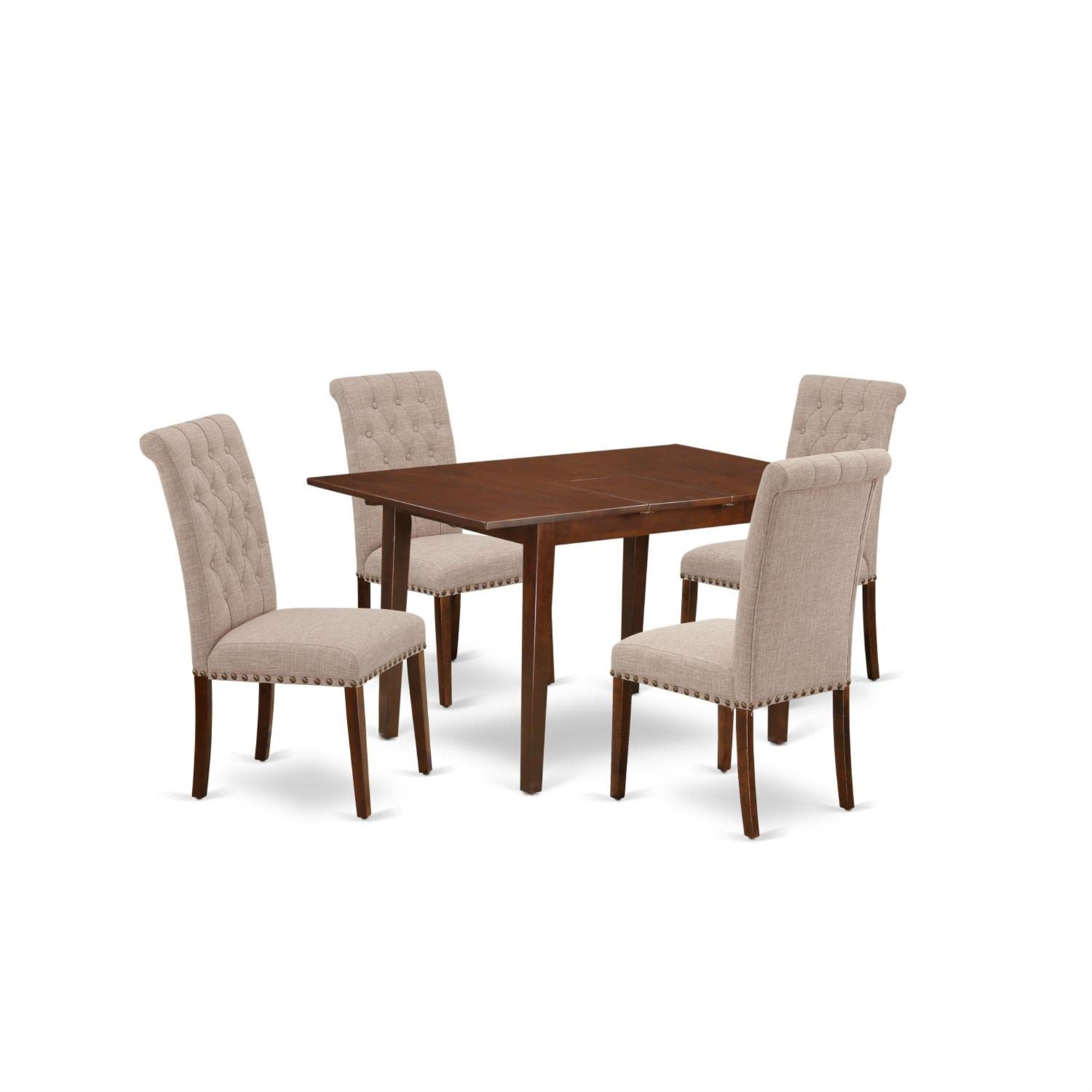 Casafoyer Nobr5-Mah-04 5 Piece Dinette Set Includes A Rectangle Dining Room Table With  Leaf And 4 Light Tan Linen Fabric Upholstered Chairs, 32X54 Inch, Mahogany