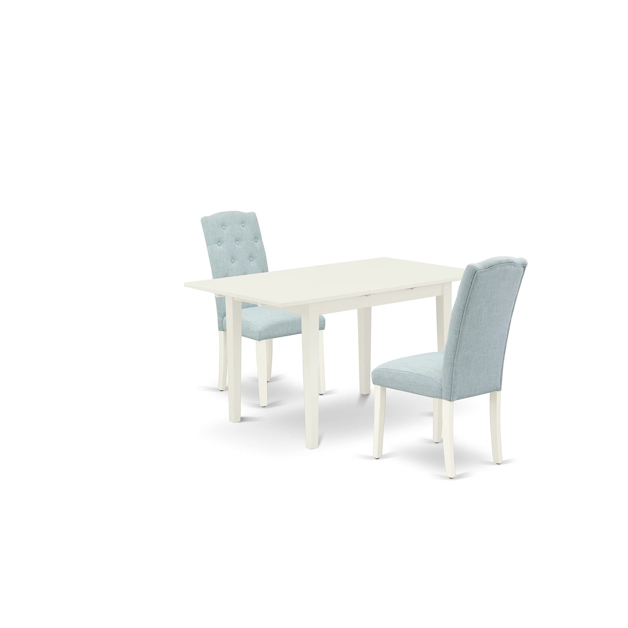 East West Furniture Noce3-Lwh-15 3 Piece Set Contains A Rectangle Dining Room Table With Butterfly Leaf And 2 Baby Blue Linen Fabric Parsons Chairs, 32X54 Inch