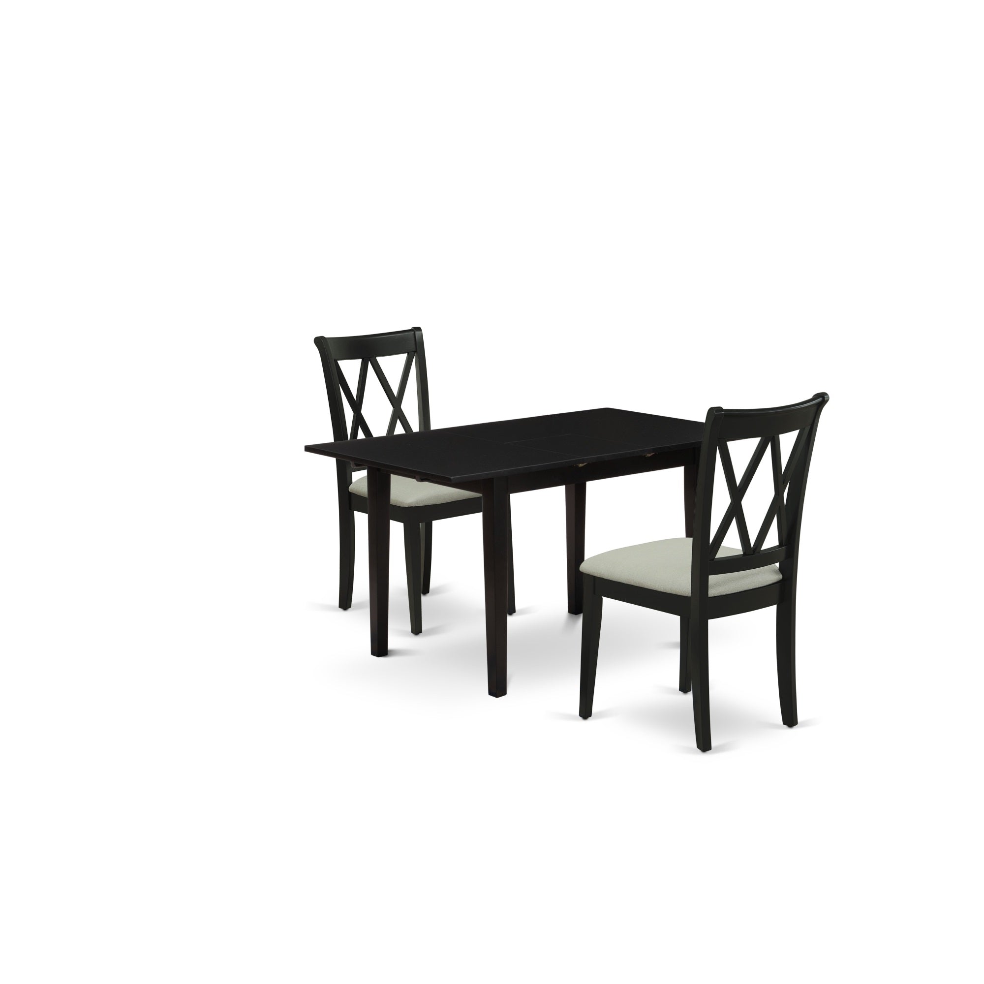 East West Furniture Nocl3-Blk-C 3-Pc Mid Century Dining Table Set 2 Dining Chairs With Double X-Back And A Linen Fabric Seat And Butterfly Leaf Dinette Table With Rectangular Top And 4 Legs- Black Finish