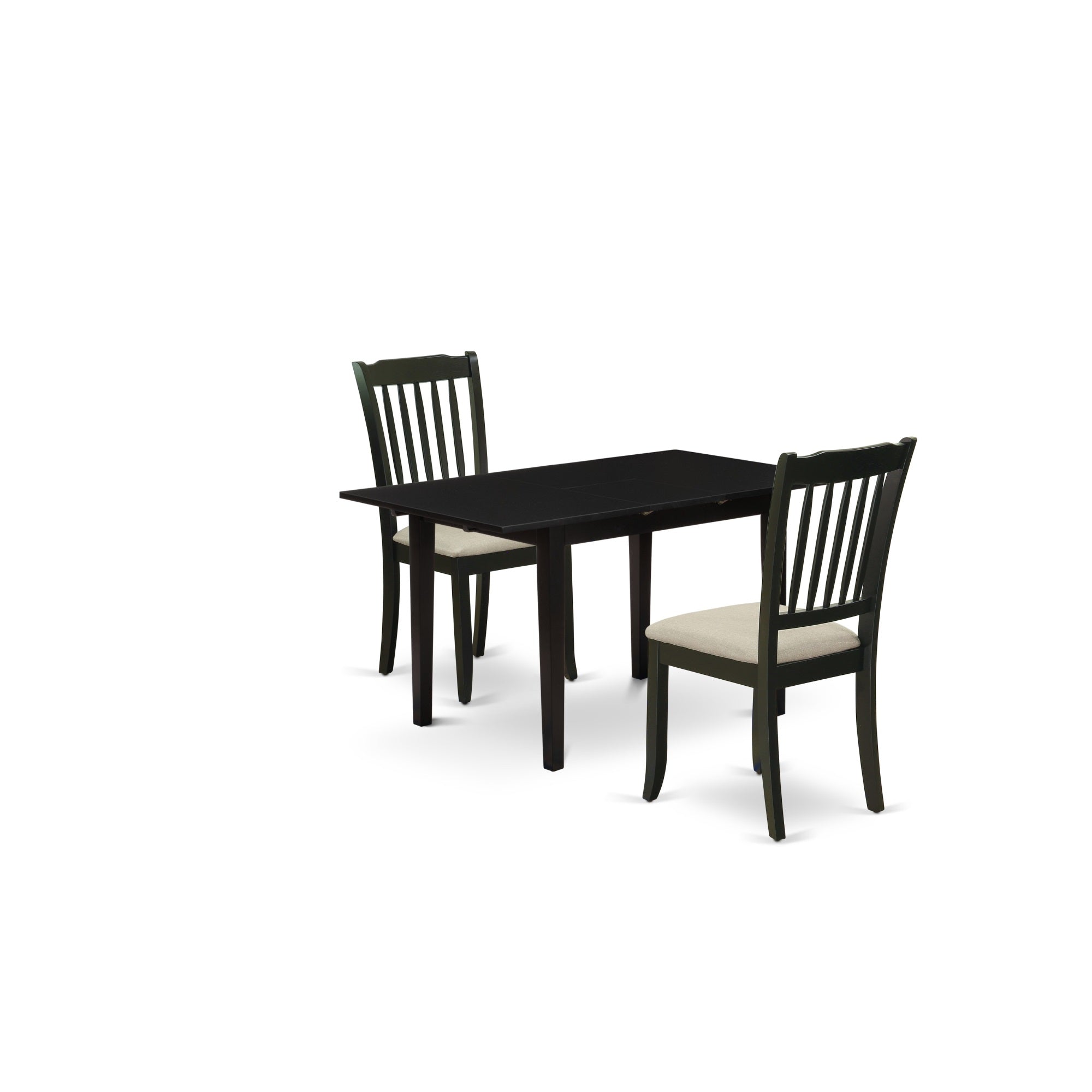 East West Furniture Noda3-Blk-C 3-Pc Kitchen Table Set 2 Wood Dining Chair With Slatted Back And A Linen Fabric Seat And Butterfly Leaf Dining Table With Rectangular Top And 4 Legs- Black Finish