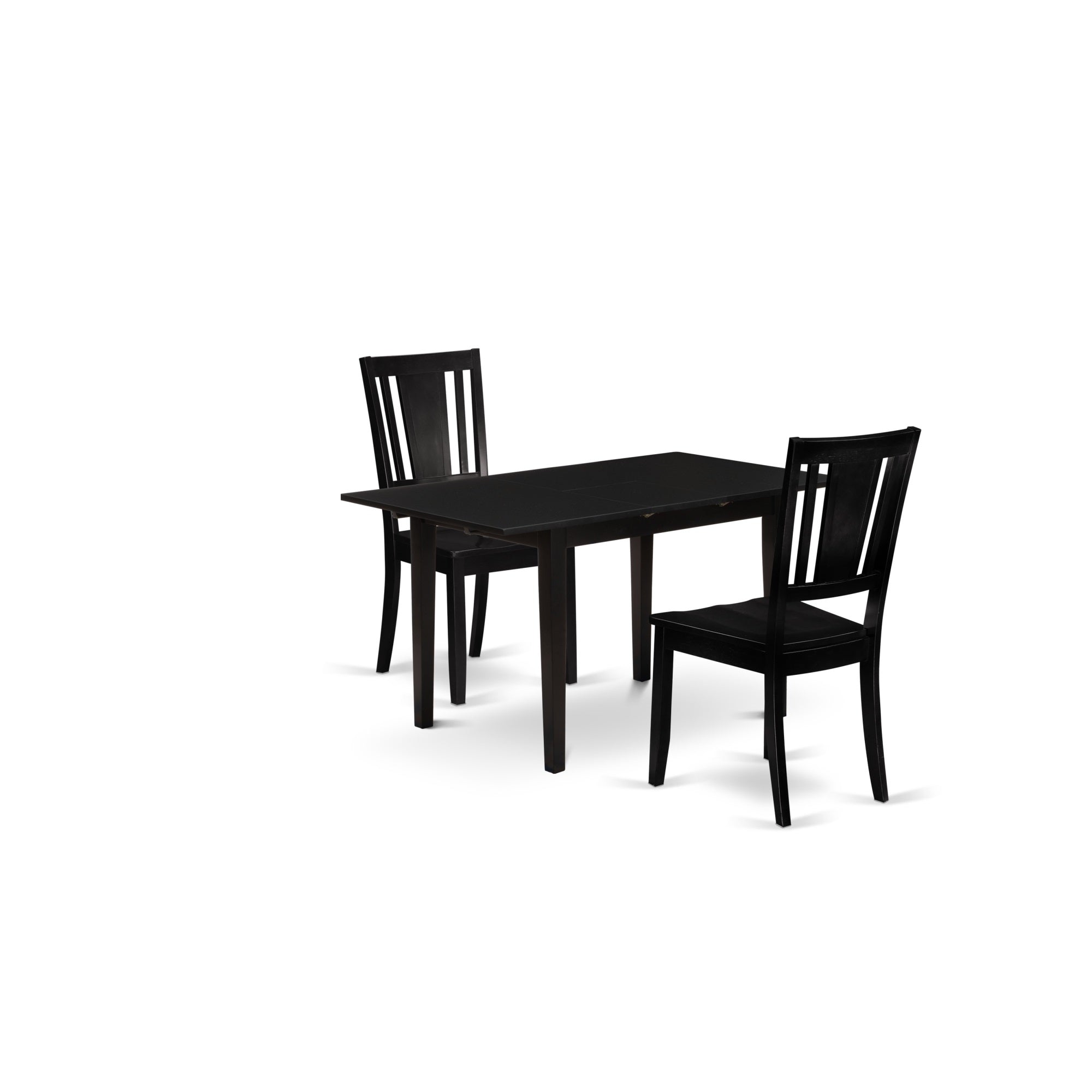 East West Furniture Nodu3-Blk-W 3-Piece Kitchen Set 2 Wood Dining Chairs With Slatted Back And A Wooden Seat And Mid Century Butterfly Leaf Dining Table With Rectangular Top And 4 Legs- Black Finish