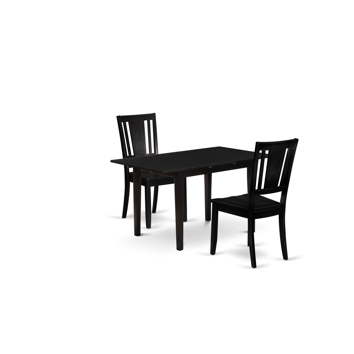 East West Furniture Nodu3-Blk-W 3-Piece Kitchen Set 2 Wood Dining Chairs With Slatted Back And A Wooden Seat And Mid Century Butterfly Leaf Dining Table With Rectangular Top And 4 Legs- Black Finish
