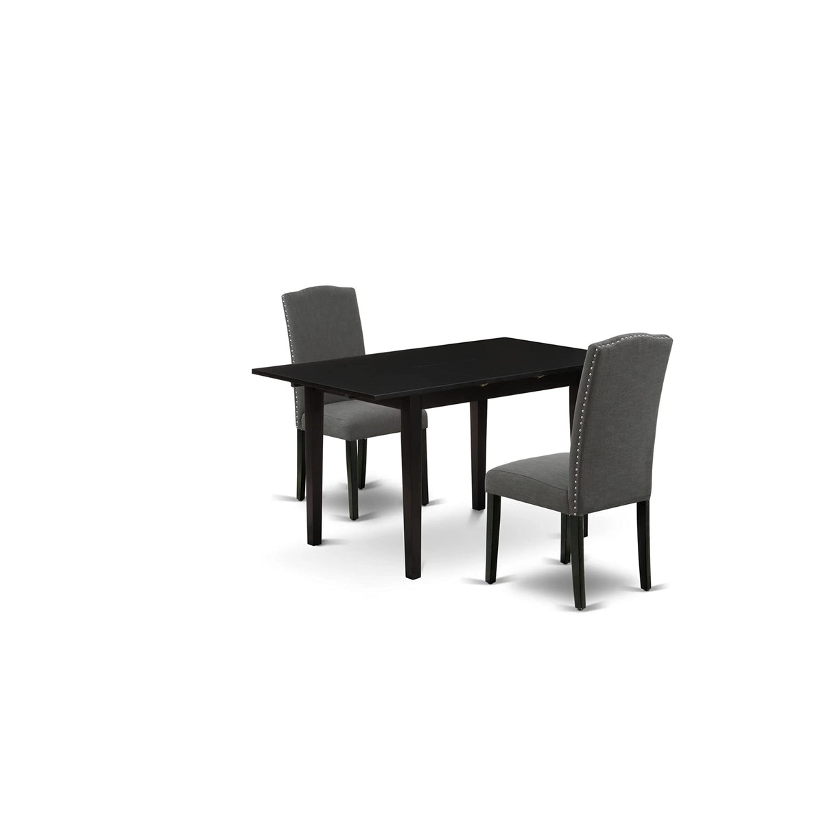 East West Furniture Noen3-Blk-20 3 Piece Kitchen Set Contains A Rectangle Dining Room Table With Butterfly Leaf And 2 Dark Gotham Linen Fabric Parsons Chairs, 32X54 Inch