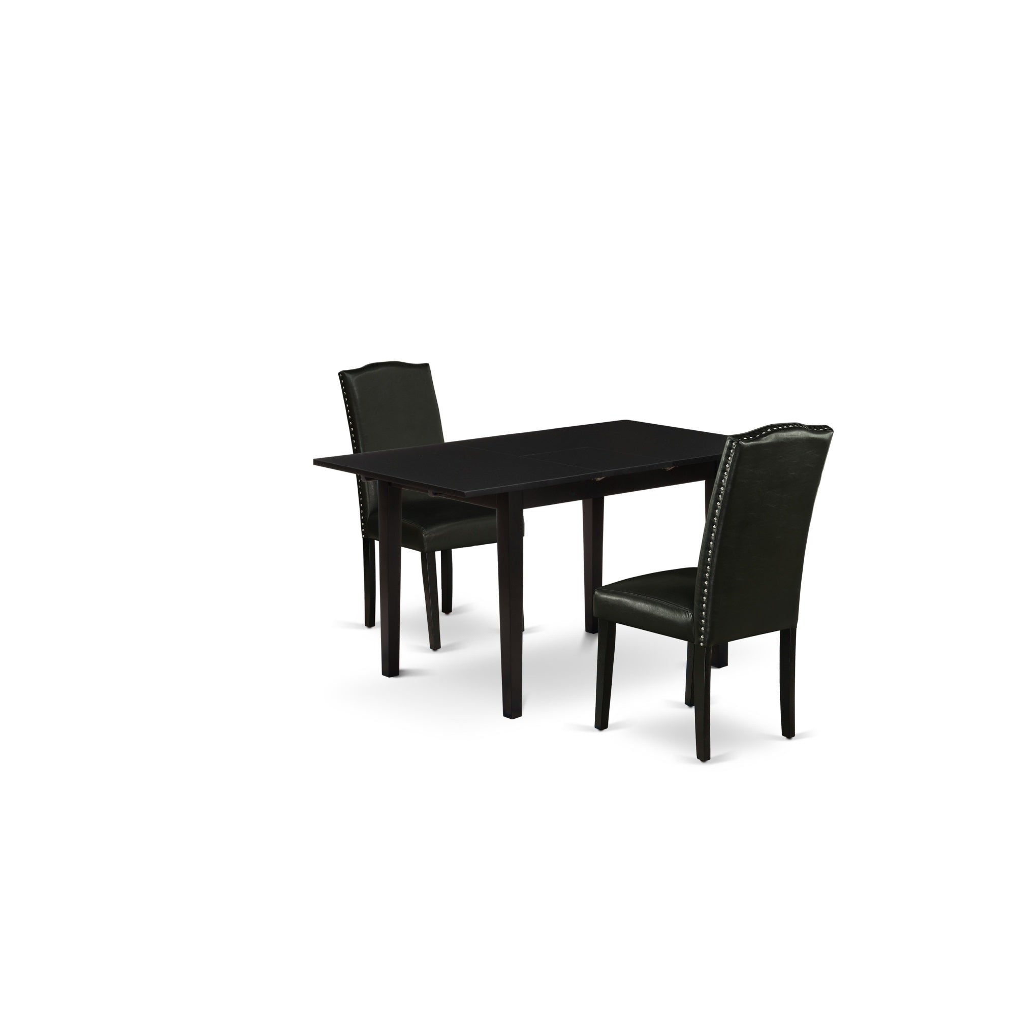 East West Furniture Noen3-Blk-69 3-Piece Wooden Dining Table Set  Nail Head Upholstered Dining Chairs With High Back And Upholstered Seat And Butterfly Leaf Rectangular Dining Table And 4 Legs - Black Finish