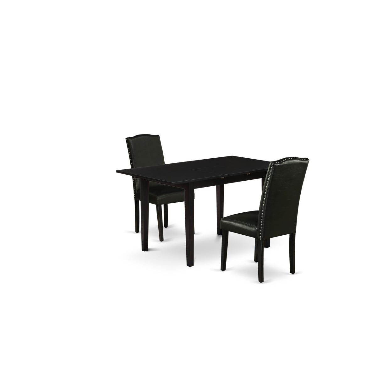 East West Furniture Noen3-Blk-69 3-Piece Wooden Dining Table Set  Nail Head Upholstered Dining Chairs With High Back And Upholstered Seat And Butterfly Leaf Rectangular Dining Table And 4 Legs - Black Finish