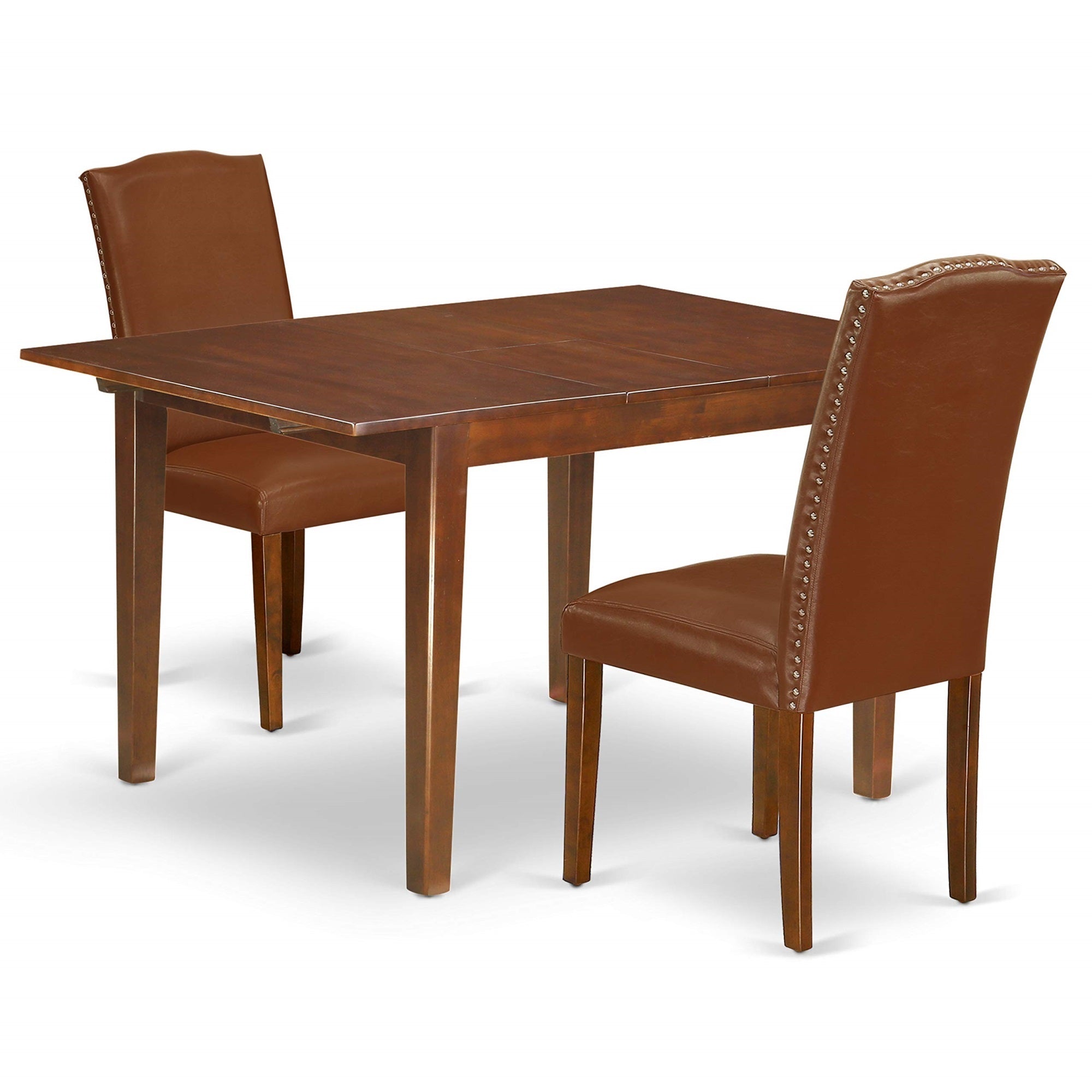 Casafoyer Noen3-Mah-66 3 Piece Kitchen Table Set Contains A Rectangle Dining Table With  Leaf And 2 Brown Faux Faux Leather Upholstered Chairs, 32X54 Inch, Mahogany