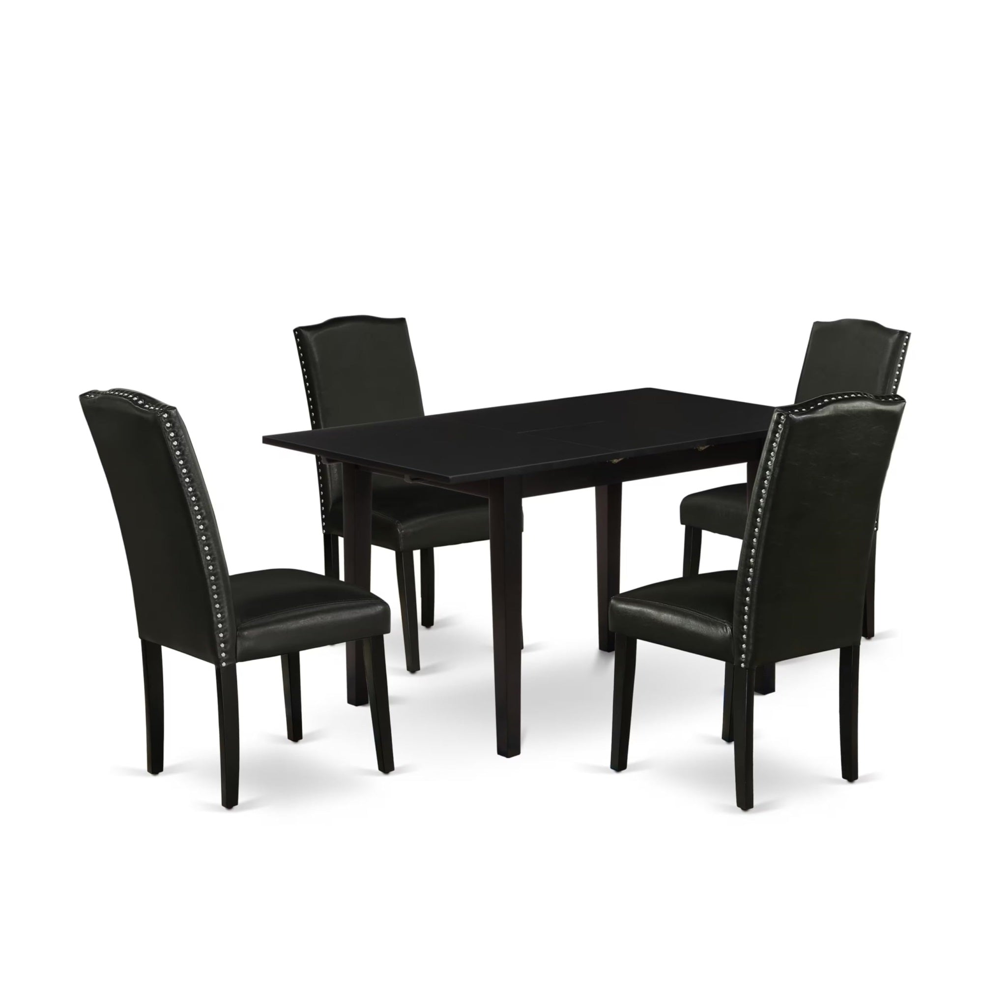 Casafoyer Noen5-Blk-69 5 Piece Kitchen Table & Chairs Set Includes A Rectangle  Leaf Dining Table And 4 Black Faux Leather Parsons Chairs, 32X54 Inch, Black
