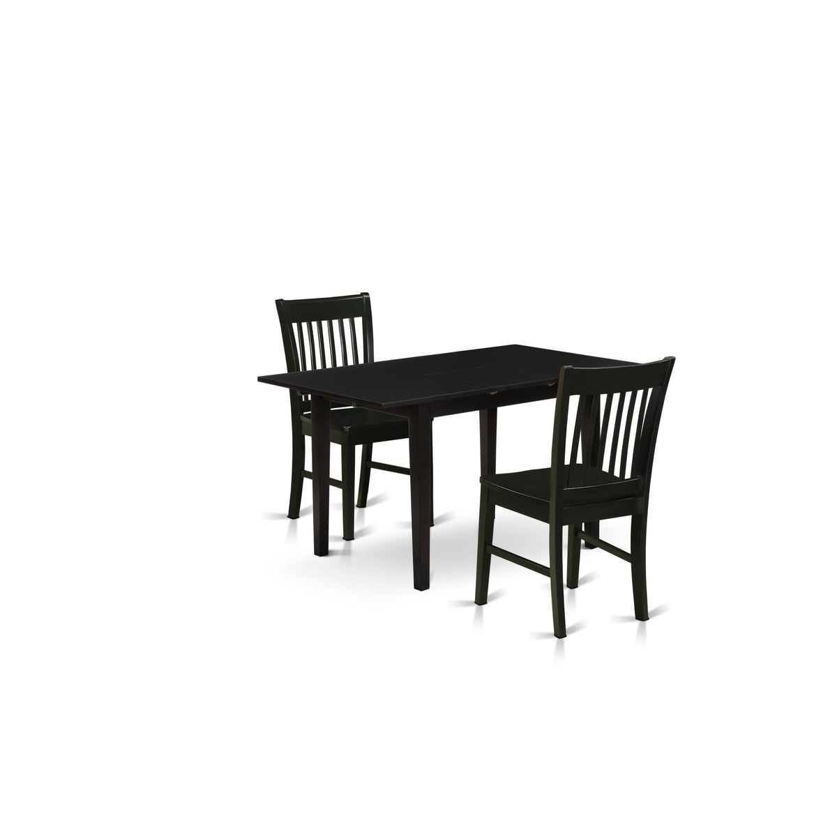 East West Furniture Nofk3-Blk-W 3-Pc Dining Room Set 2 Dining Chairs With Slatted Back And Wooden Seat - Butterfly Leaf Kitchen Table With Rectangular Top And 4 Legs- Black Finish