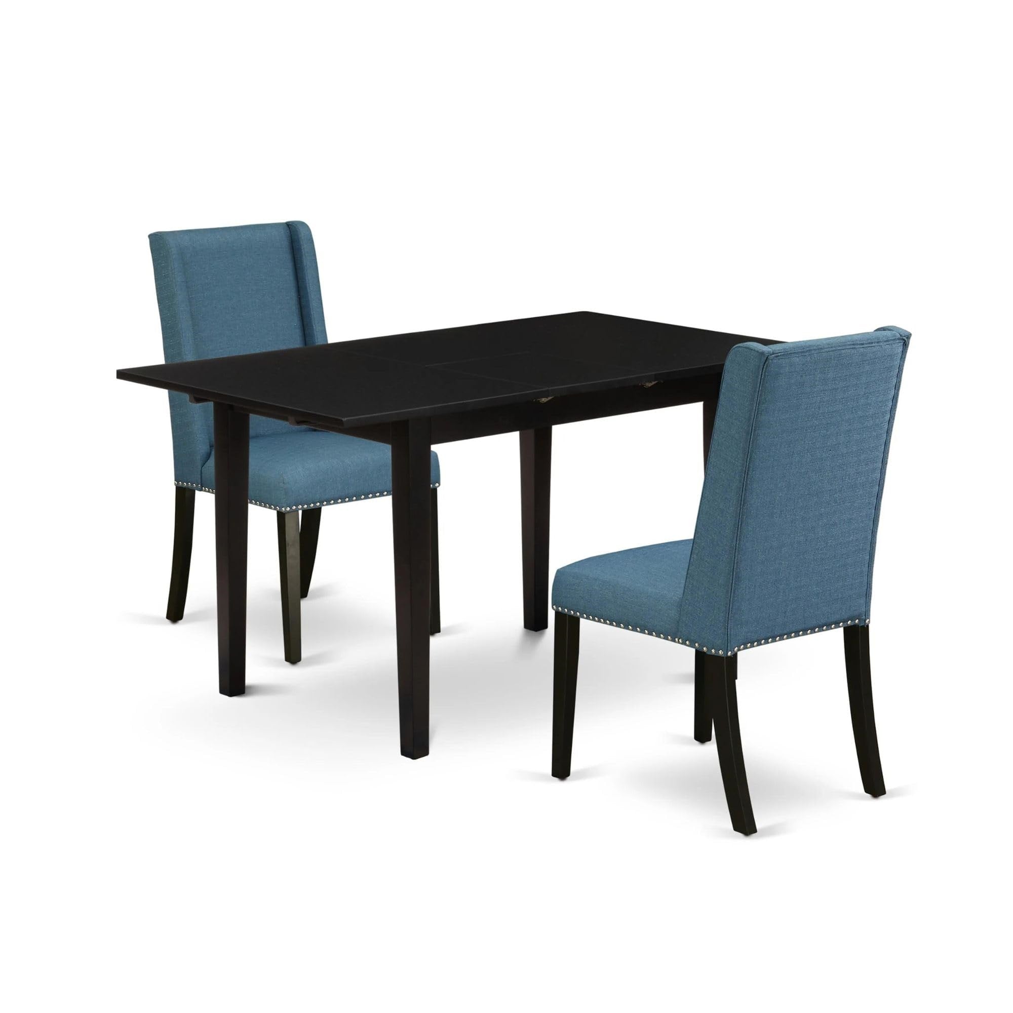 Casafoyer Nofl3-Blk-21 3 Piece Modern Dining Table Set Contains A Rectangle Wooden Table With  Leaf And 2 Blue Linen Fabric Upholstered Chairs, 32X54 Inch, Black