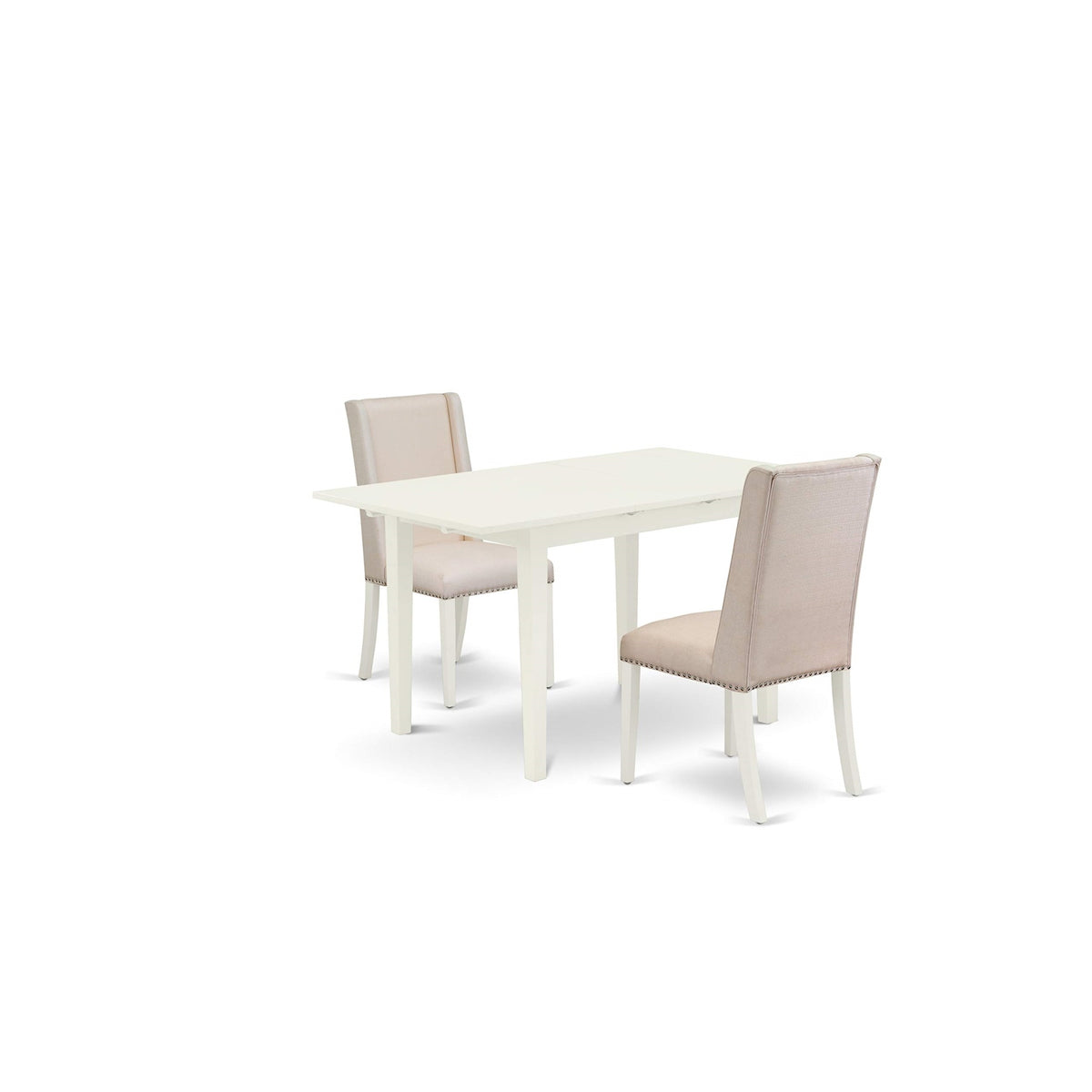East West Furniture Nofl3-Lwh-01 3 Piece Dinette Set For Small Spaces Contains A Rectangle Butterfly Leaf Table And 2 Cream Linen Fabric Upholstered Chairs, 32X54 Inch