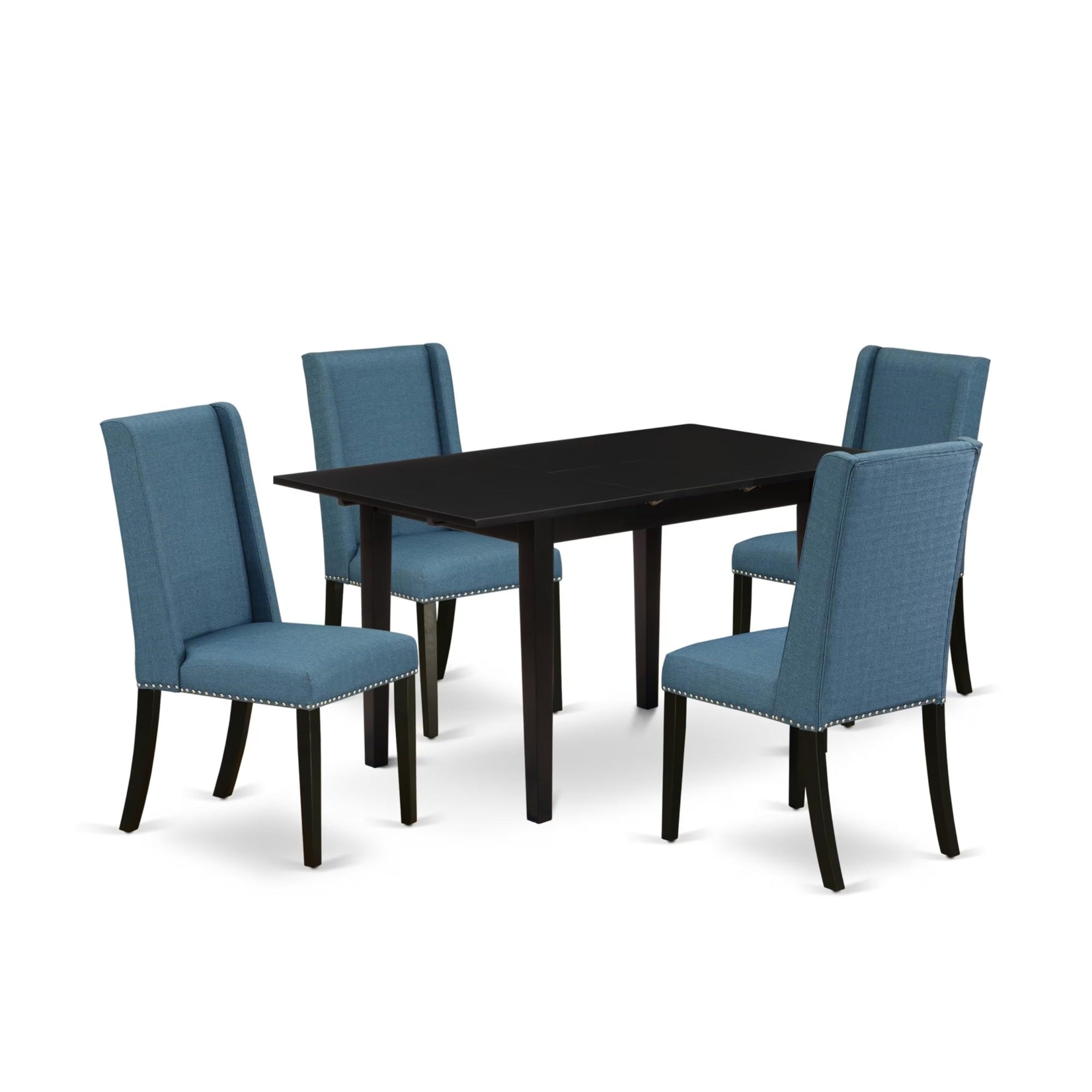 Casafoyer Nofl5-Blk-21 5 Piece Dinette Set For 4 Includes A Rectangle Dining Room Table With  Leaf And 4 Blue Linen Fabric Upholstered Chairs, 32X54 Inch