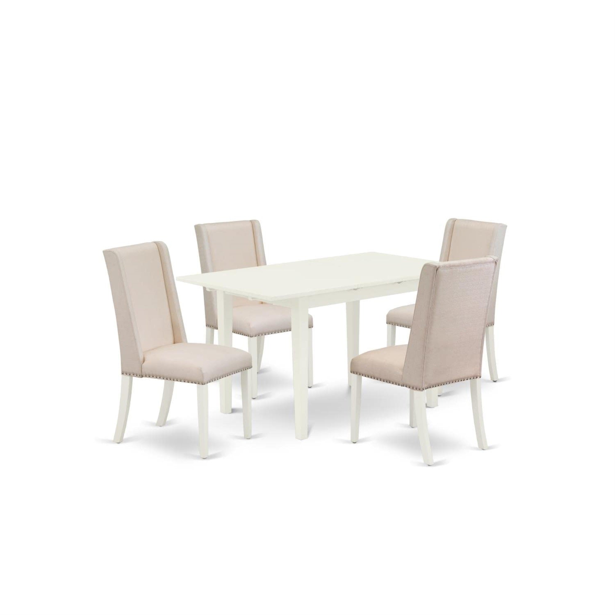 Casafoyer Nofl5-Lwh-01 5 Piece Modern Dining Table Set Includes A Rectangle Wooden Table With  Leaf And 4 Cream Linen Fabric Upholstered Chairs, 32X54 Inch, Linen White