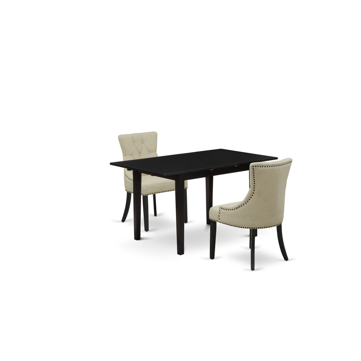 East West Furniture Nofr3-Blk-02 3-Pc Wood Dining Table Set - 2 Wooden Padded Chairs With Button Tufted Nail Head Back And Upholstered Seat And Butterfly Leaf Rectangular Rectangle Table And 4 Legs - Black Finish