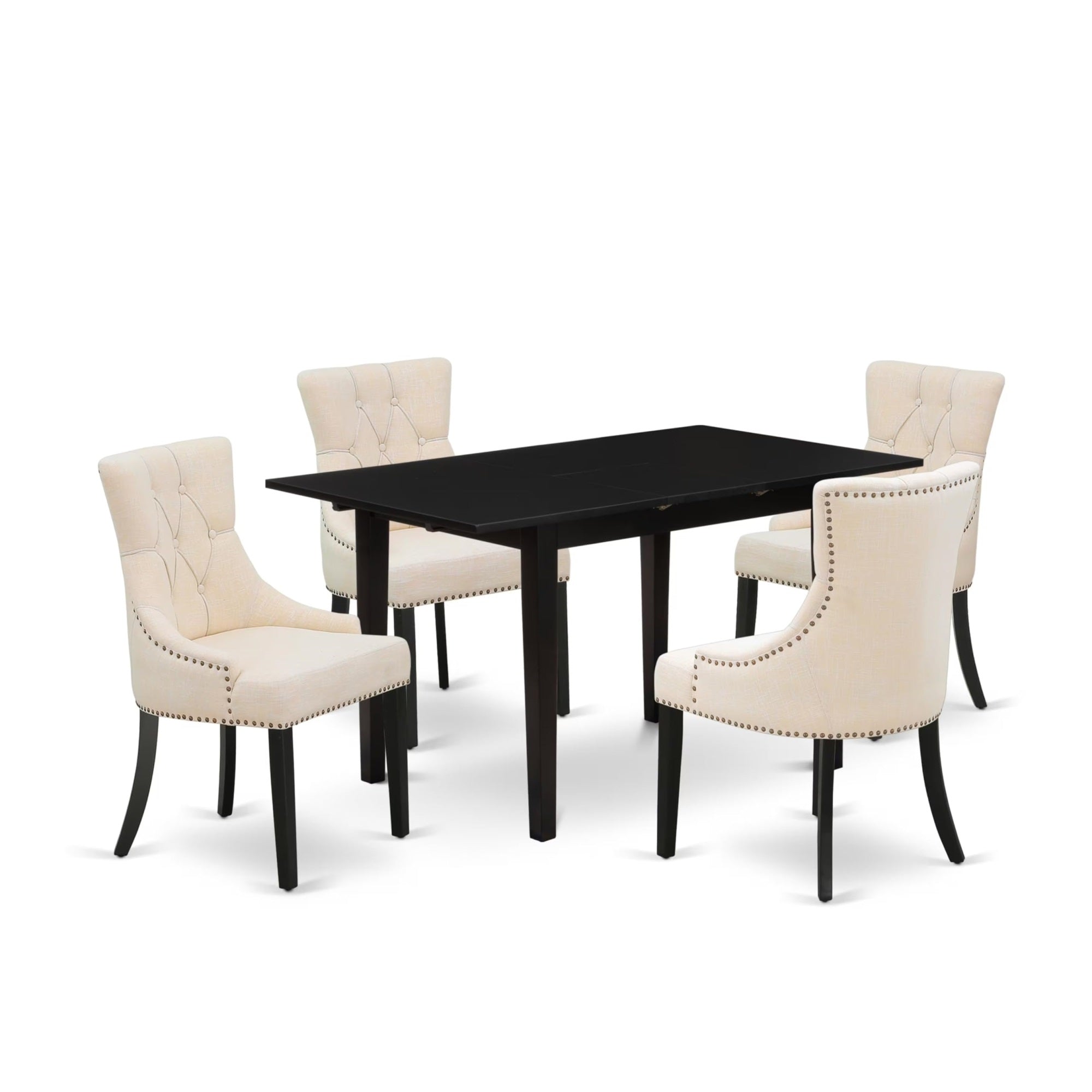 Casafoyer Nofr5-Blk-02 5 Piece Dining Table Set Includes A Rectangle Wooden Table With  Leaf And 4 Light Beige Linen Fabric Upholstered Chairs, 32X54 Inch, Black