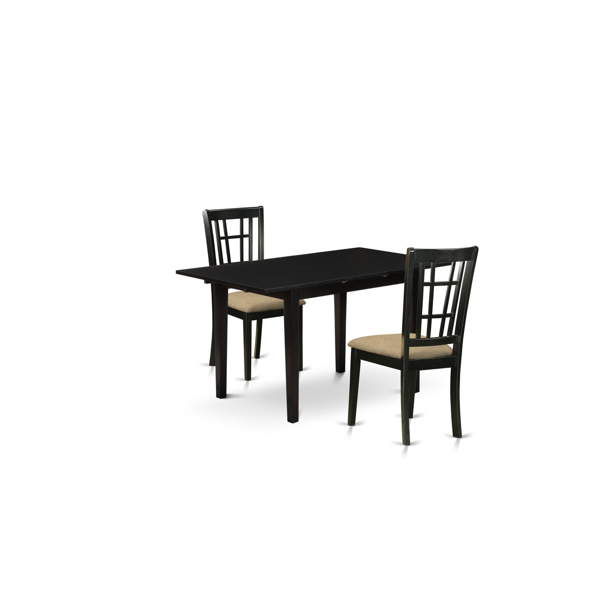 East West Furniture Noni3-Blk-C 3-Pc Modern Dinette Set 2 Wood Dining Chairs With Slatted Back And A Linen Fabric Seat And Butterfly Leaf Dining Table With Rectangular Top And 4 Legs- Black Finish