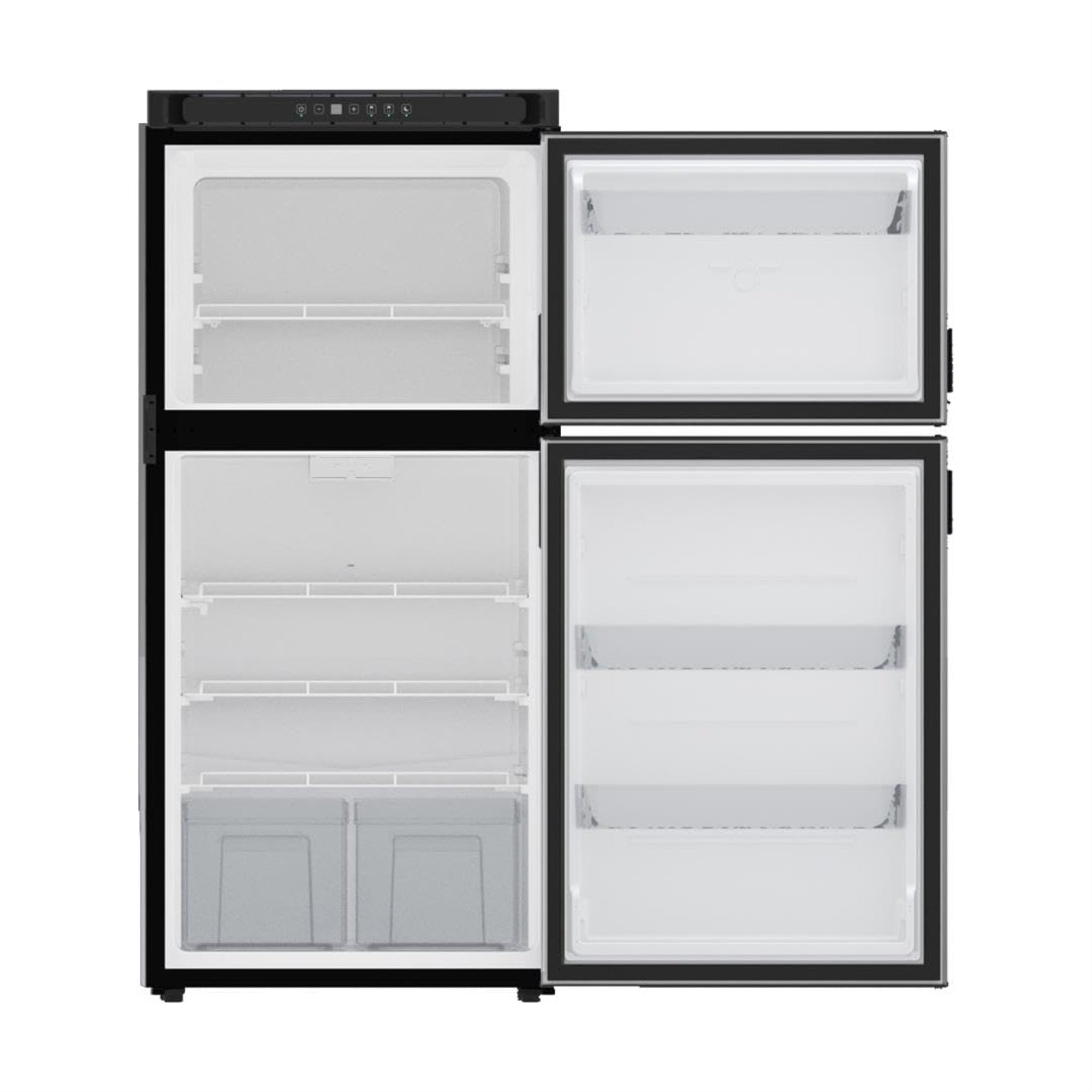 Norcold N8Dcbkl Refrigerator; Dual Compartment 2 Door Refrigerator With Freezer; Left Hand Hinge/ Reversible To Right Hand Hinge; 8 Cubic Foot; 52-7/8 Inch Height X 23-1/2 Inch Width X 24 Inch Depth Cutout Dimensions; 5 Amp/ 12 Volt Dc; Dc