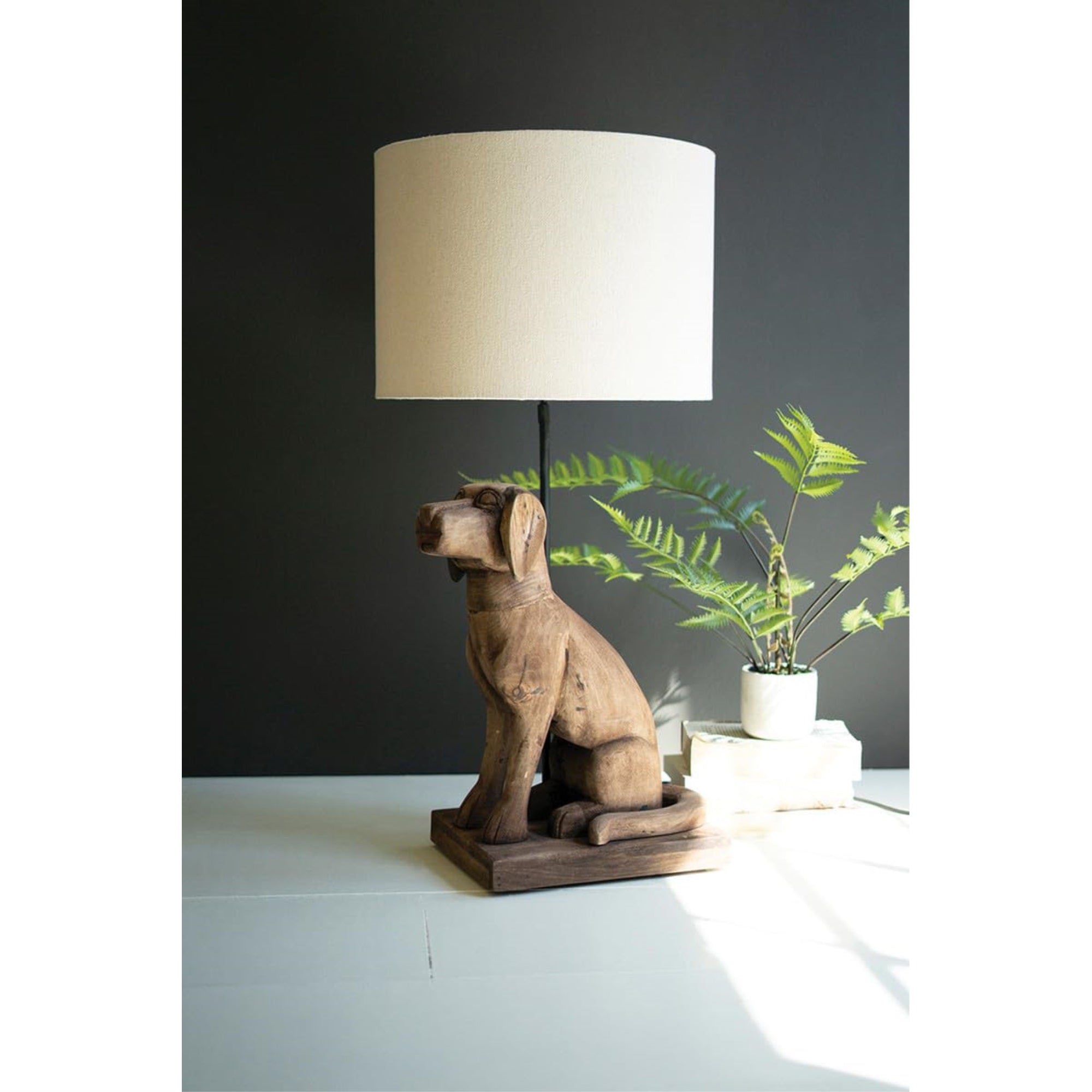 Wooden Dog Table Lamp Base With Shade