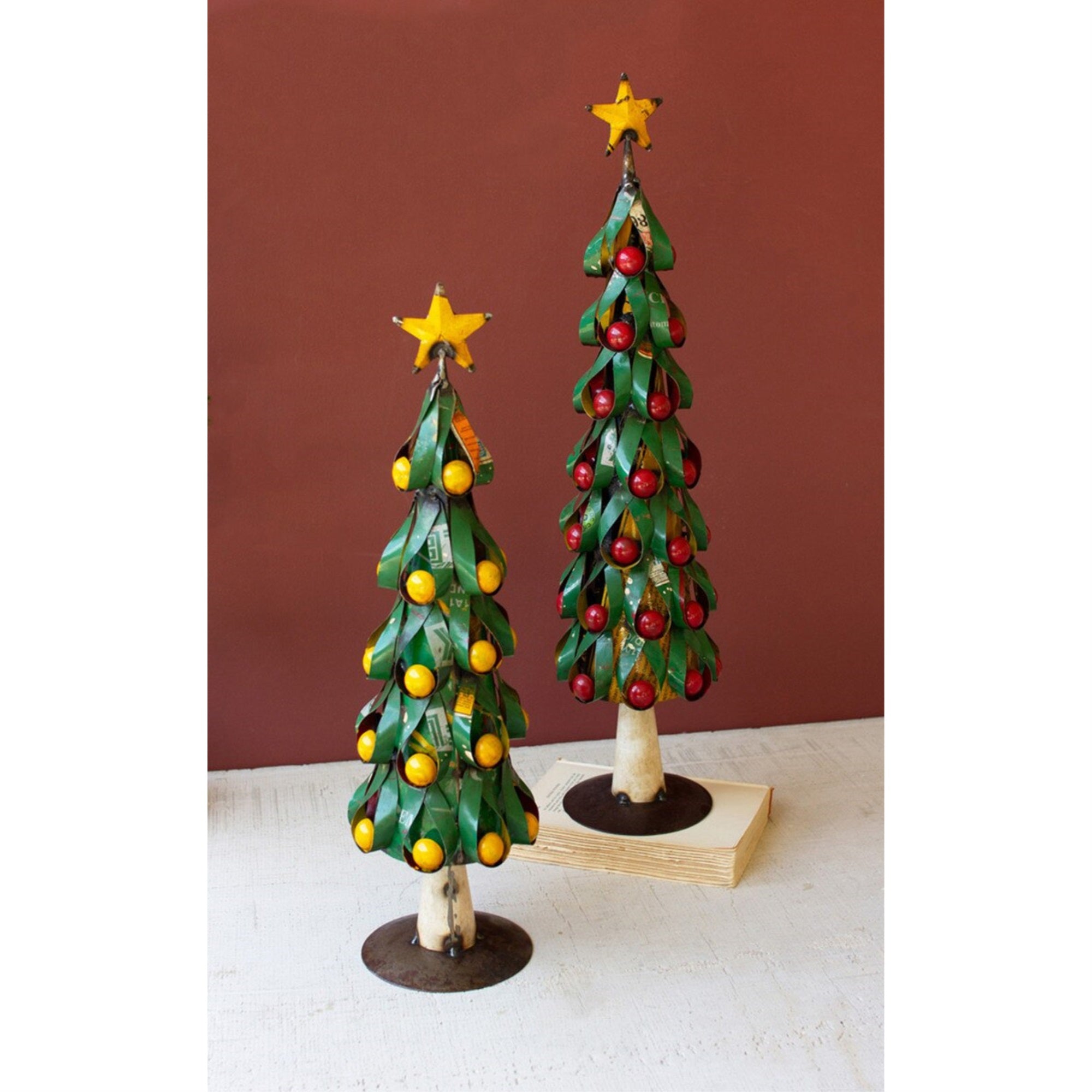 Set Of Two Recycled Metal Christmas Trees W Apples & Lemons