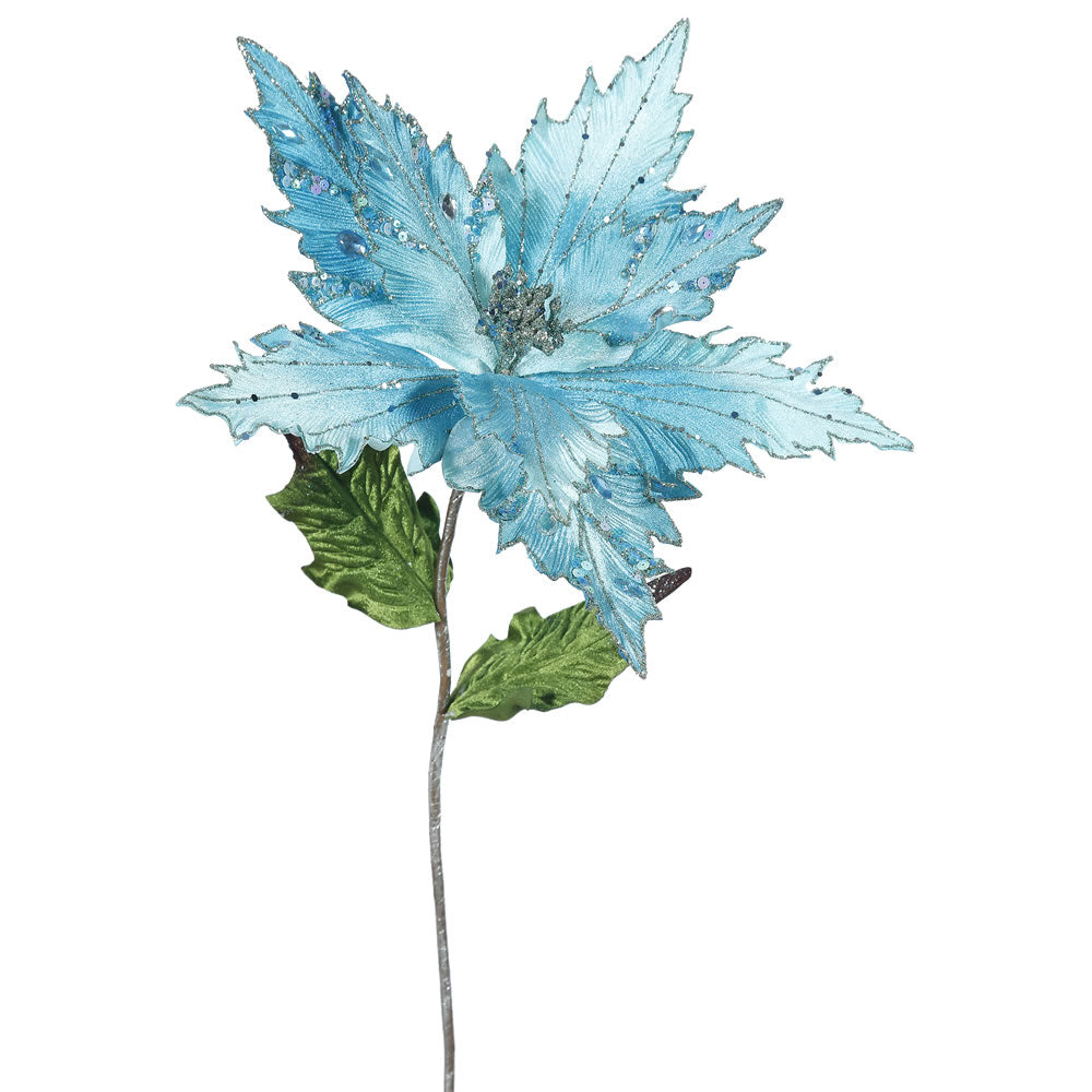 Vickerman 26″ Sea Blue Poinsettia, 13″ Flower 3/Ba - OF160962