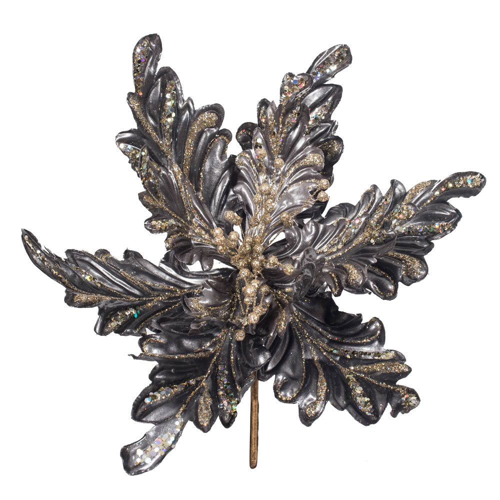 Vickerman 17” Pewter Poinsettia 14” Flower 3/Bg - OF180127