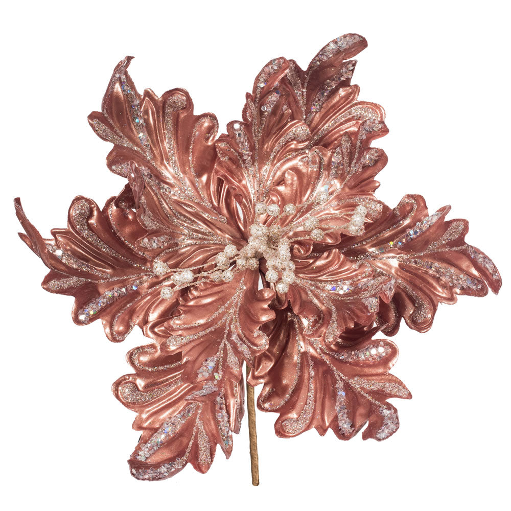 Vickerman 17” Rose Gold Poinsettia 14” Flower 3/Bg - OF180158