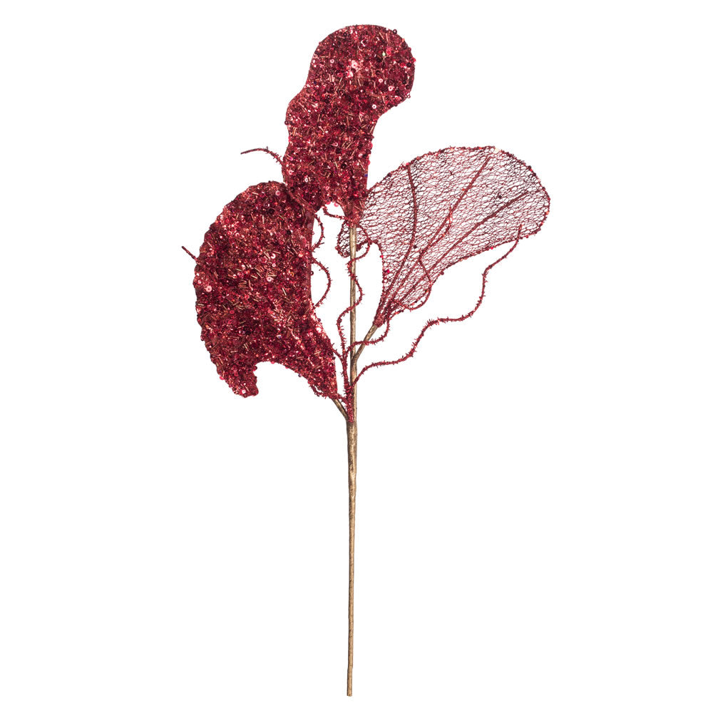 Vickerman 20” Red Fiddle Leaf Glitter Spray 3/Bg - OF181103