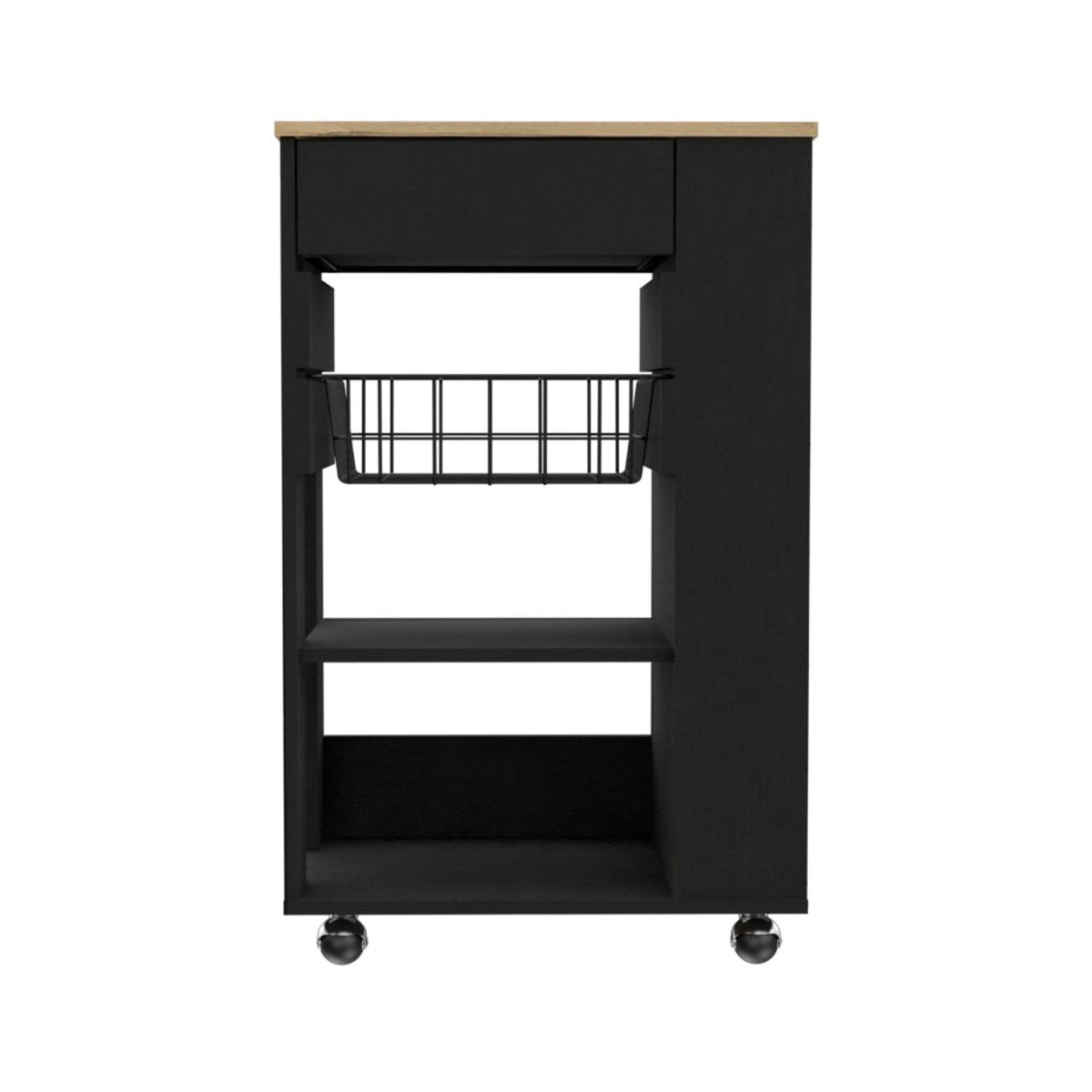 Tuhome Blosson Kitchen Cart,  One Drawer, Two Open Shelves, Rack, Four Caster Wheels-Black-Light Oak, For Kitchen Room